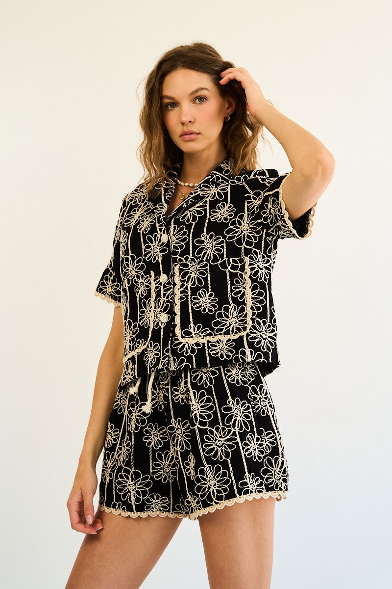 Black Floral Button Down Top And Drawstring Shorts Set