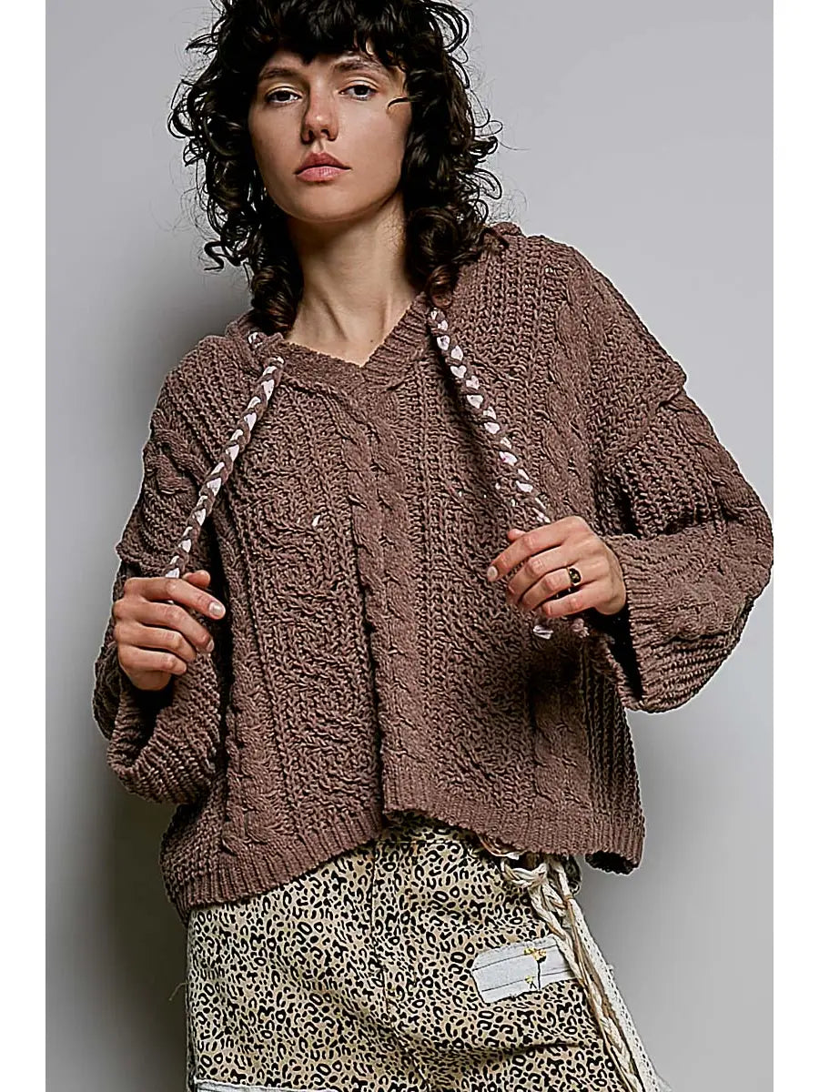Chocolate Hooded Cable Knit Chenille Sweater