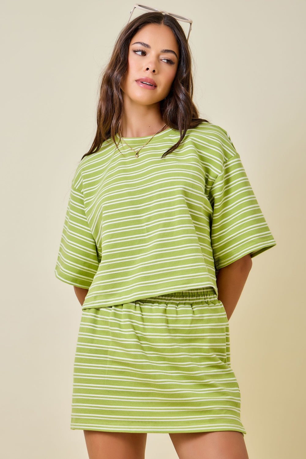 Striped Round Neck Drop Shoulder Boxy Cropped Lounge Set