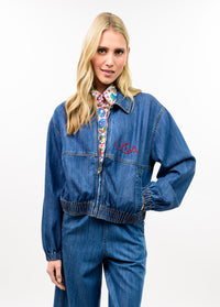 Denim Flag Embroidery Bomber Jacket