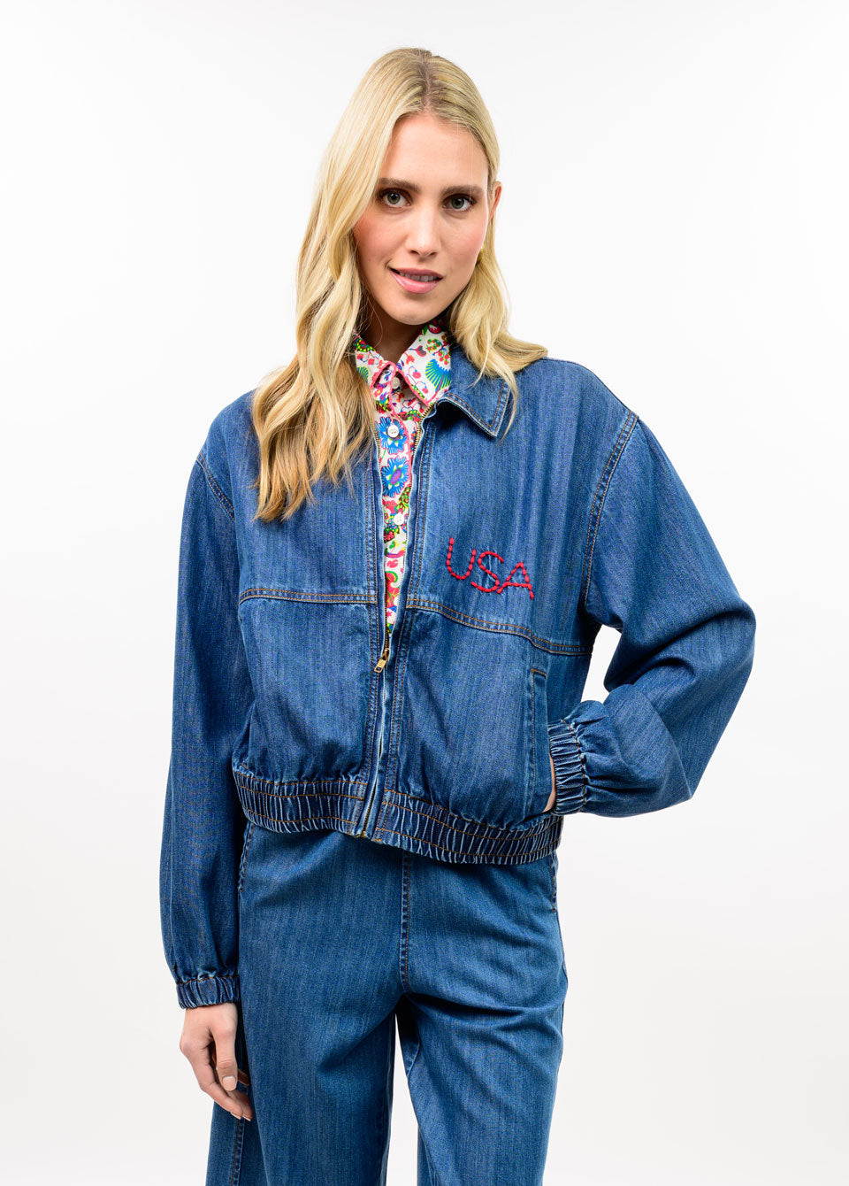 Denim Flag Embroidery Bomber Jacket