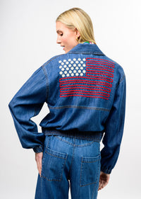 Denim Flag Embroidery Bomber Jacket