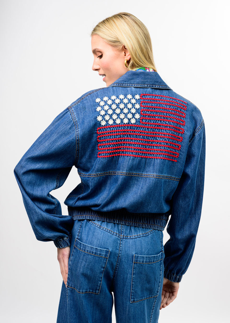 Denim Flag Embroidery Bomber Jacket