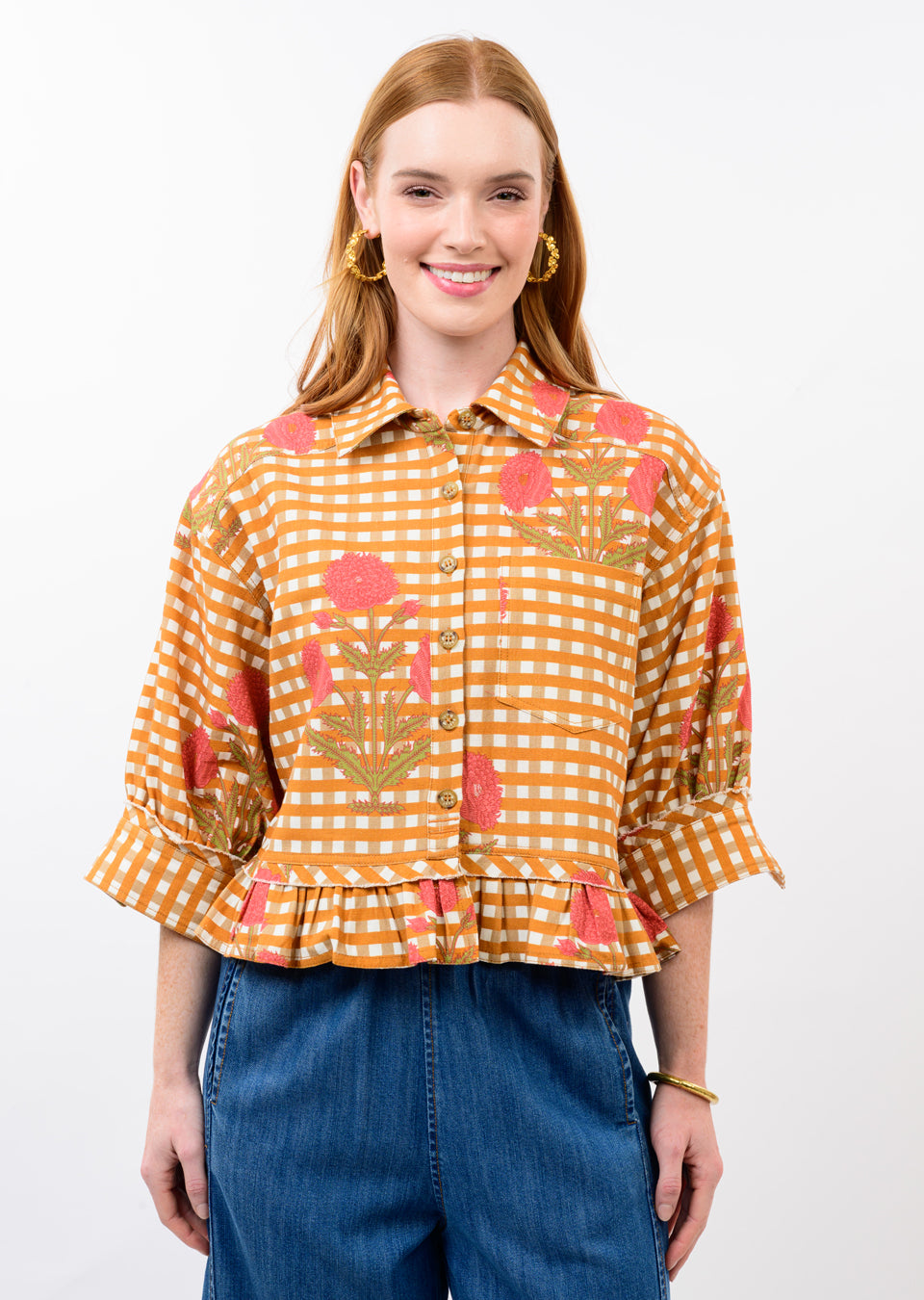Gold Gingham Floral Denim Ruffle Jacket