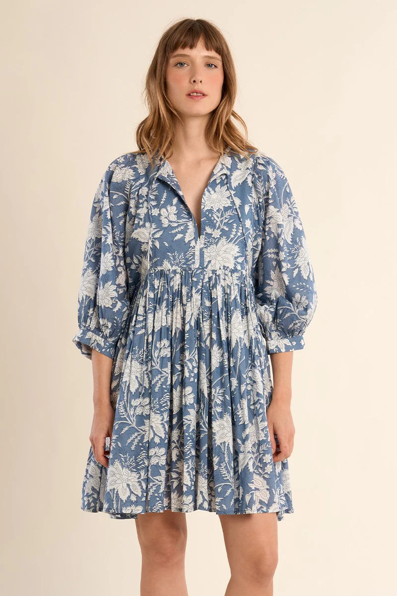 Blue/White Short printed dress, in cotton