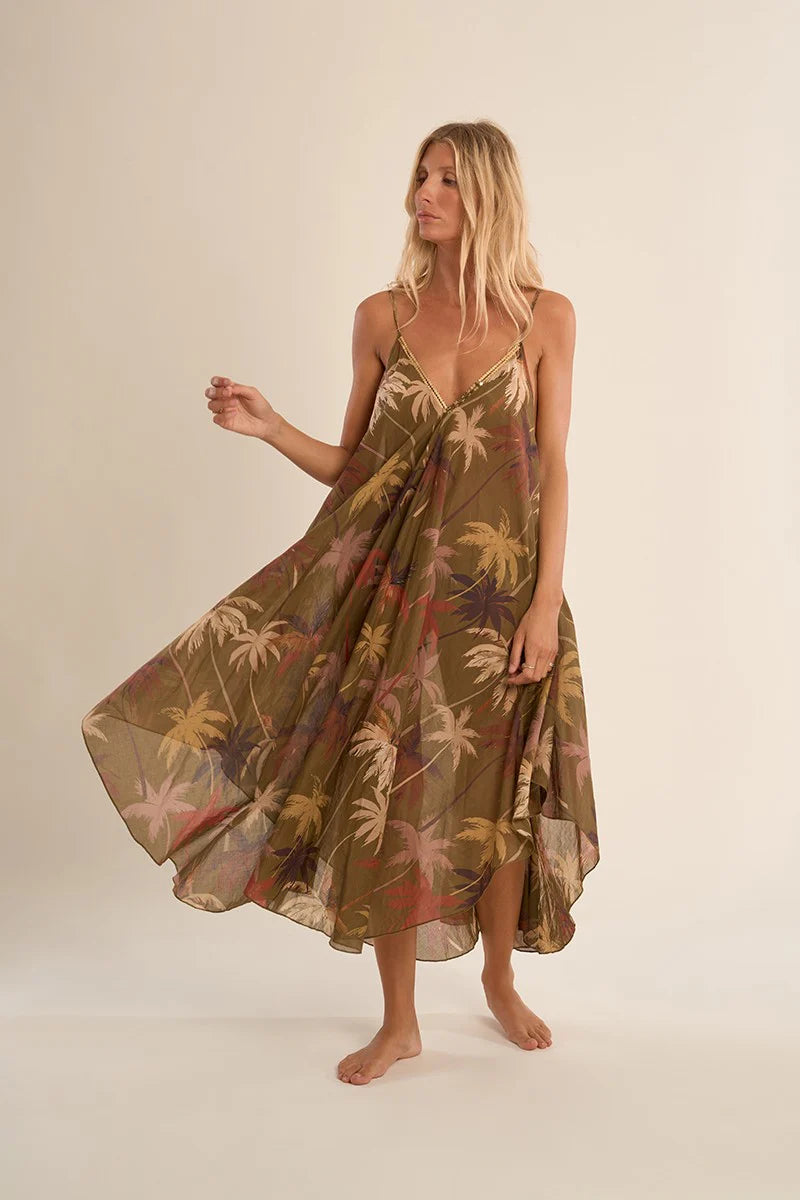 Long, flowing cotton dress, printed Palm tree Dress