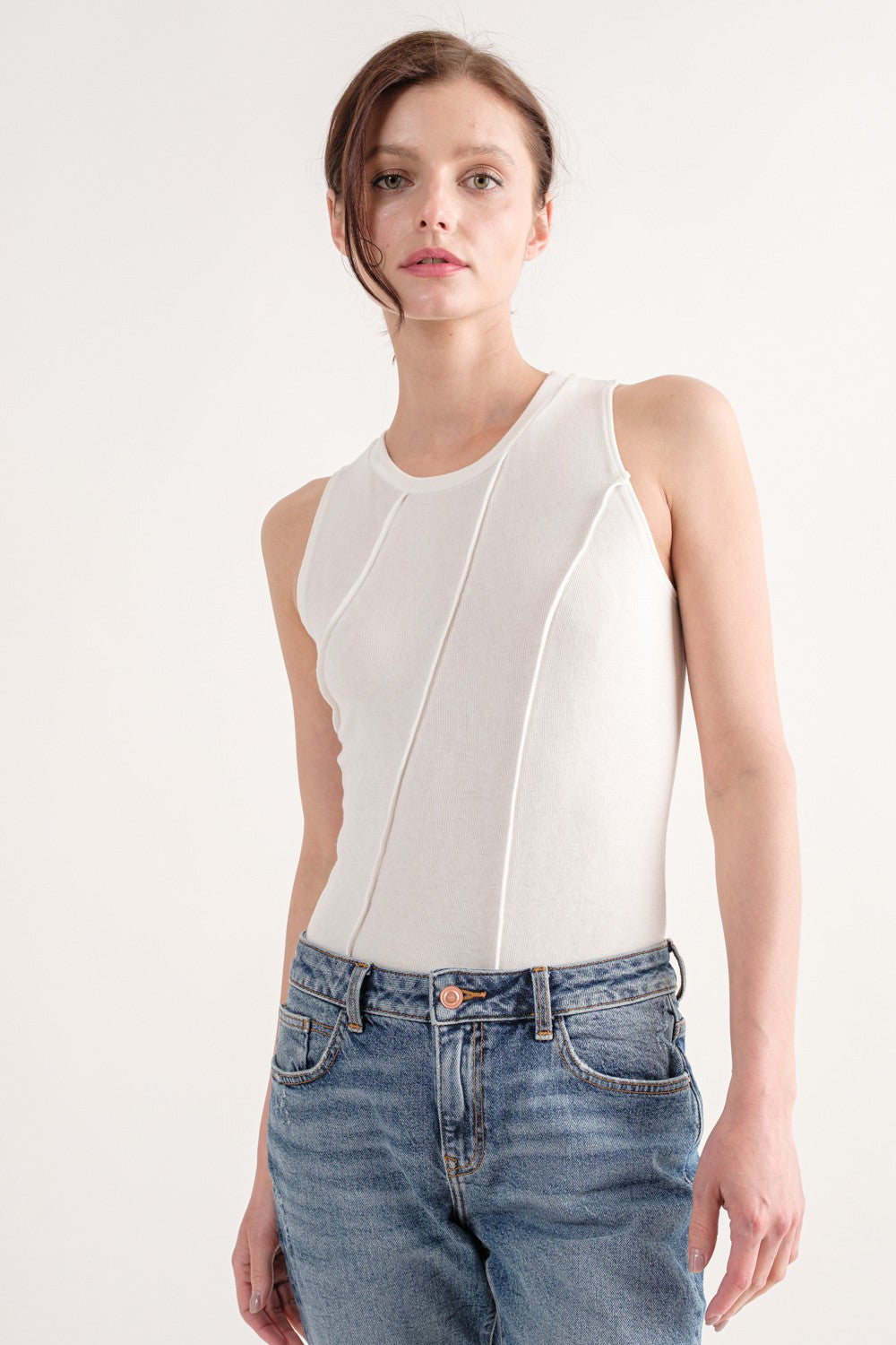 White Exposed Seam Sleeveless Bodysuit