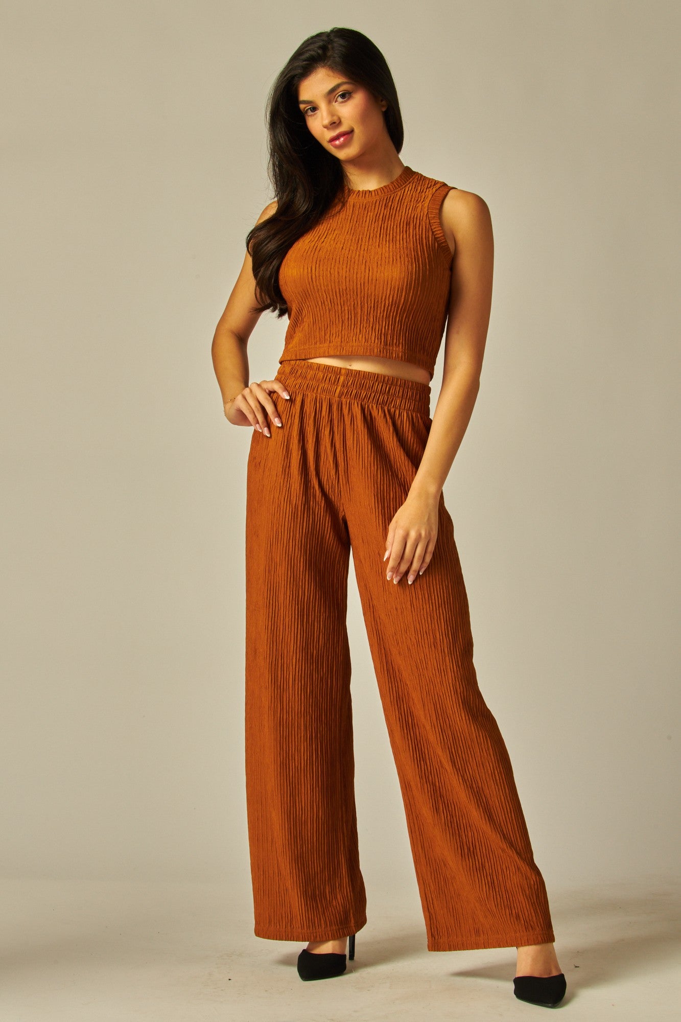 Cognac Crinkled Plisse 2pc Loungewear Set