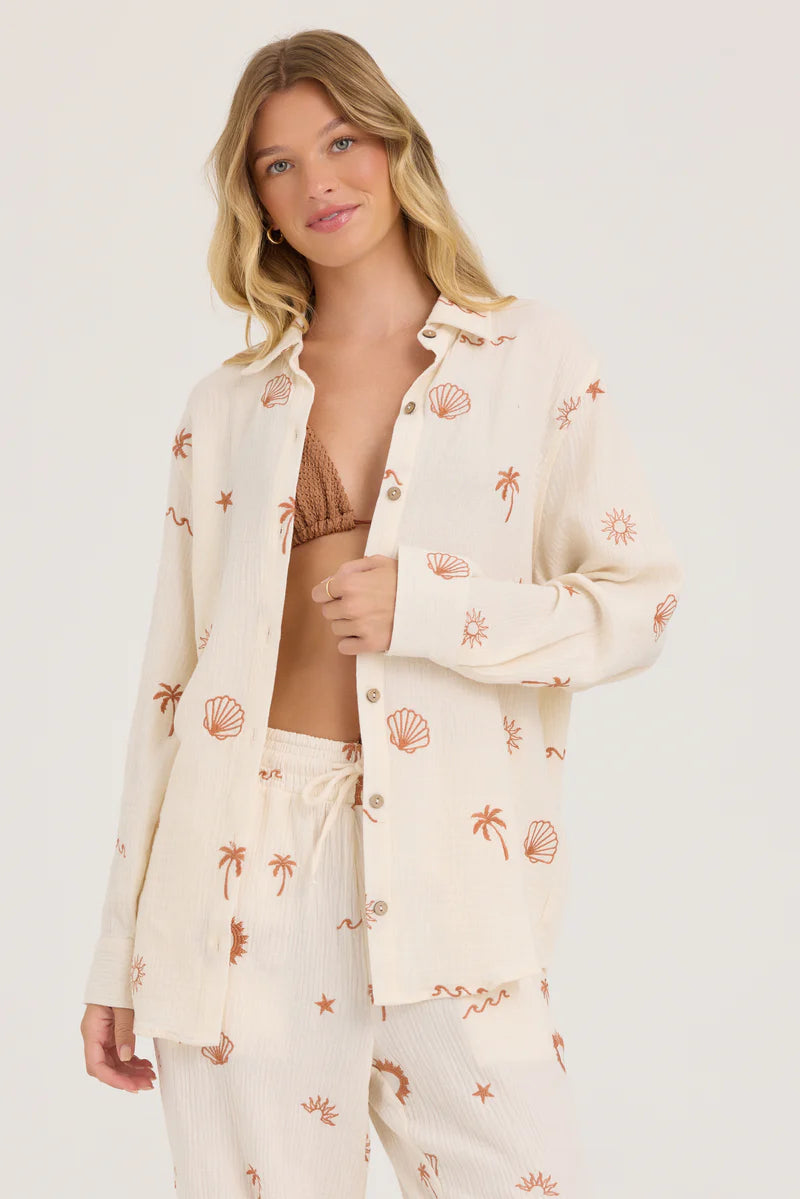 Sand W/ Caramel Gauze Button Up With Embroidery