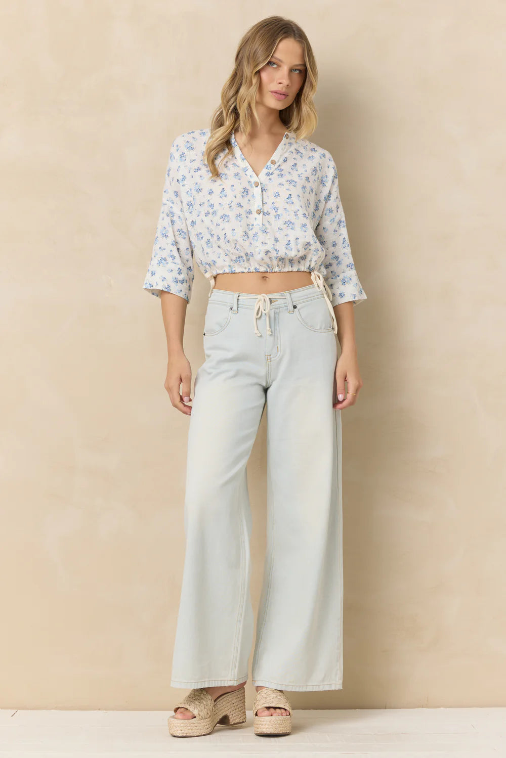 Button Front Short Sleeve Top - Blue Ditsy Floral
