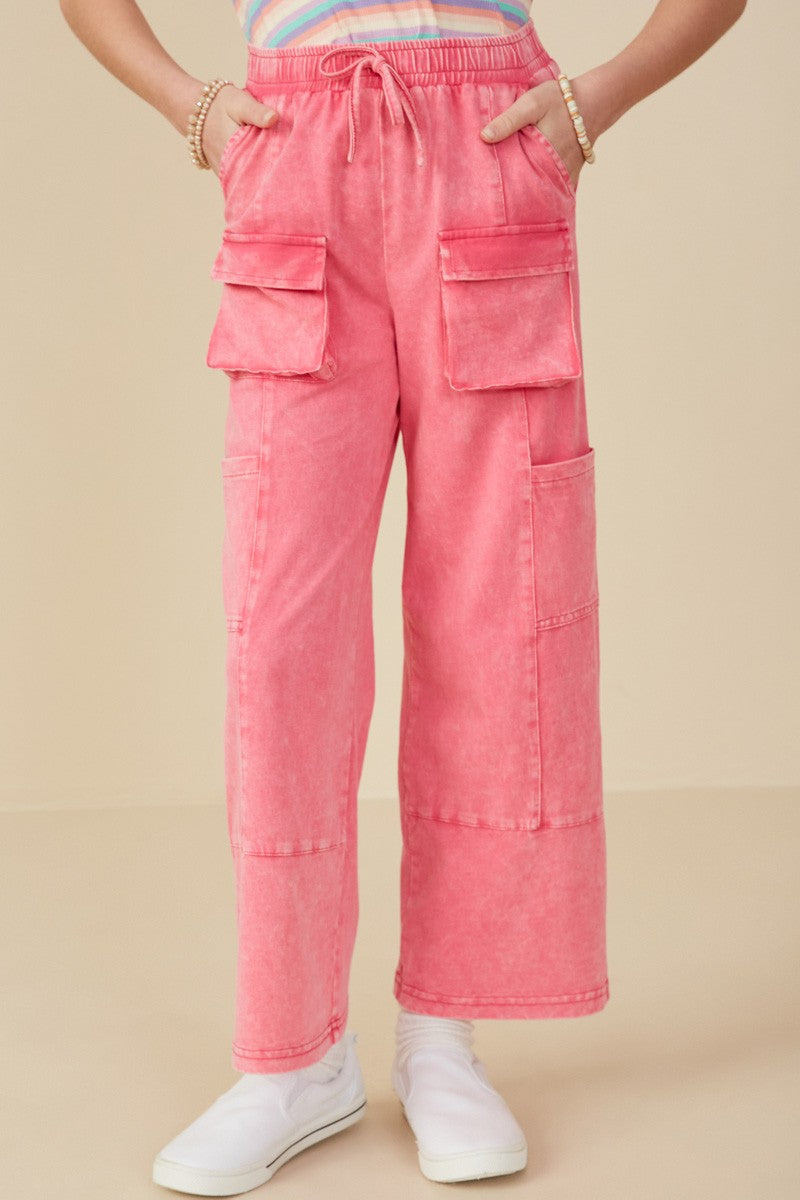 Girls Pink Washed Cargo Pocket Wide Leg Knit Pants