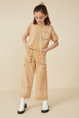 Girls Taupe Washed Raw Edge Detail Pocket T Shirt