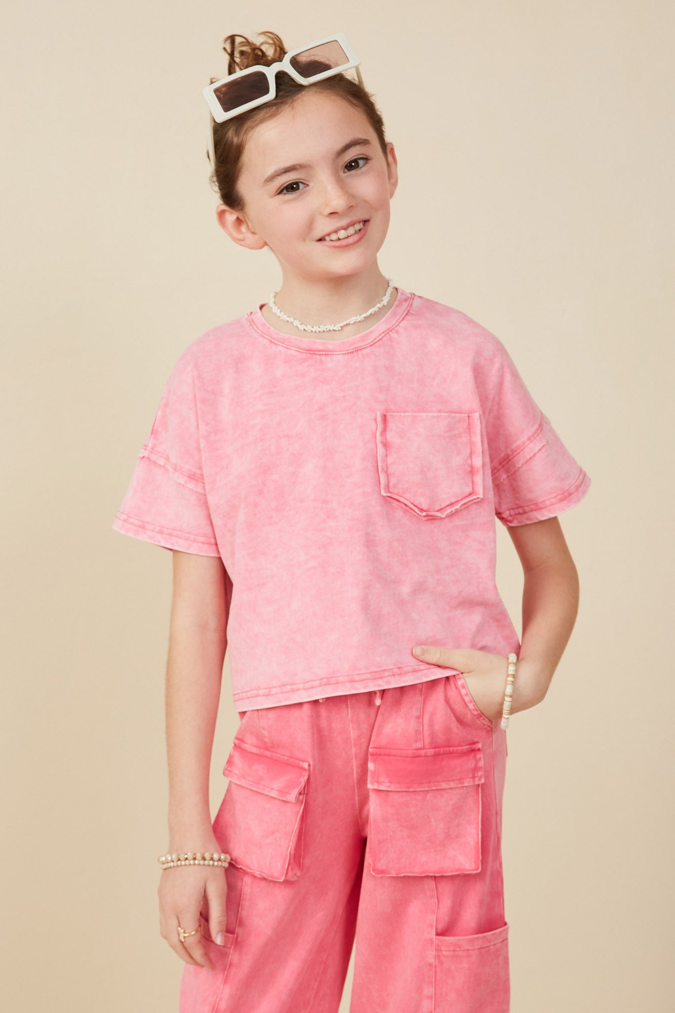 Girls Pink Washed Raw Edge Detail Pocket T Shirt