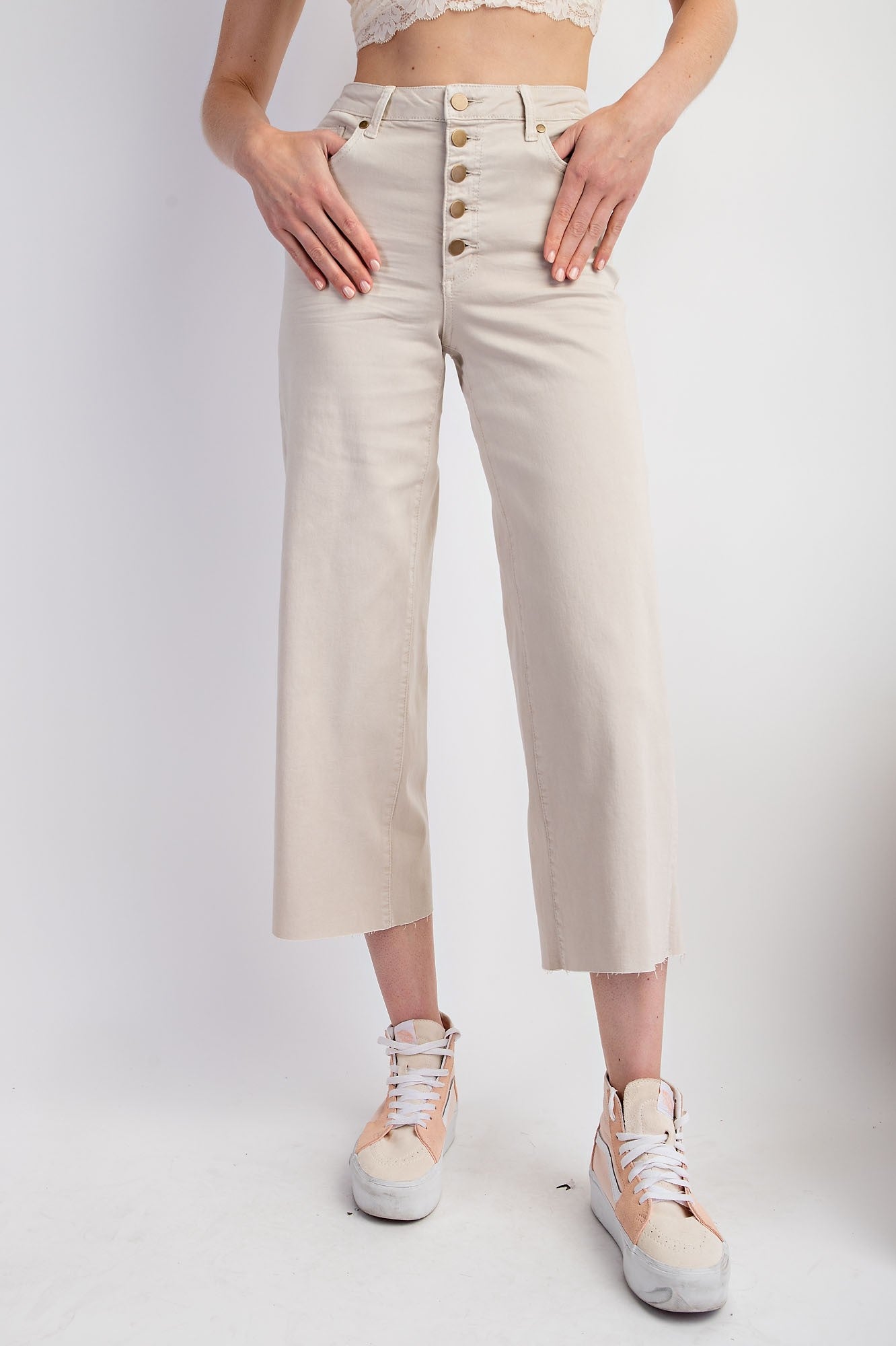 Ecru Wide Leg Twill Trousers