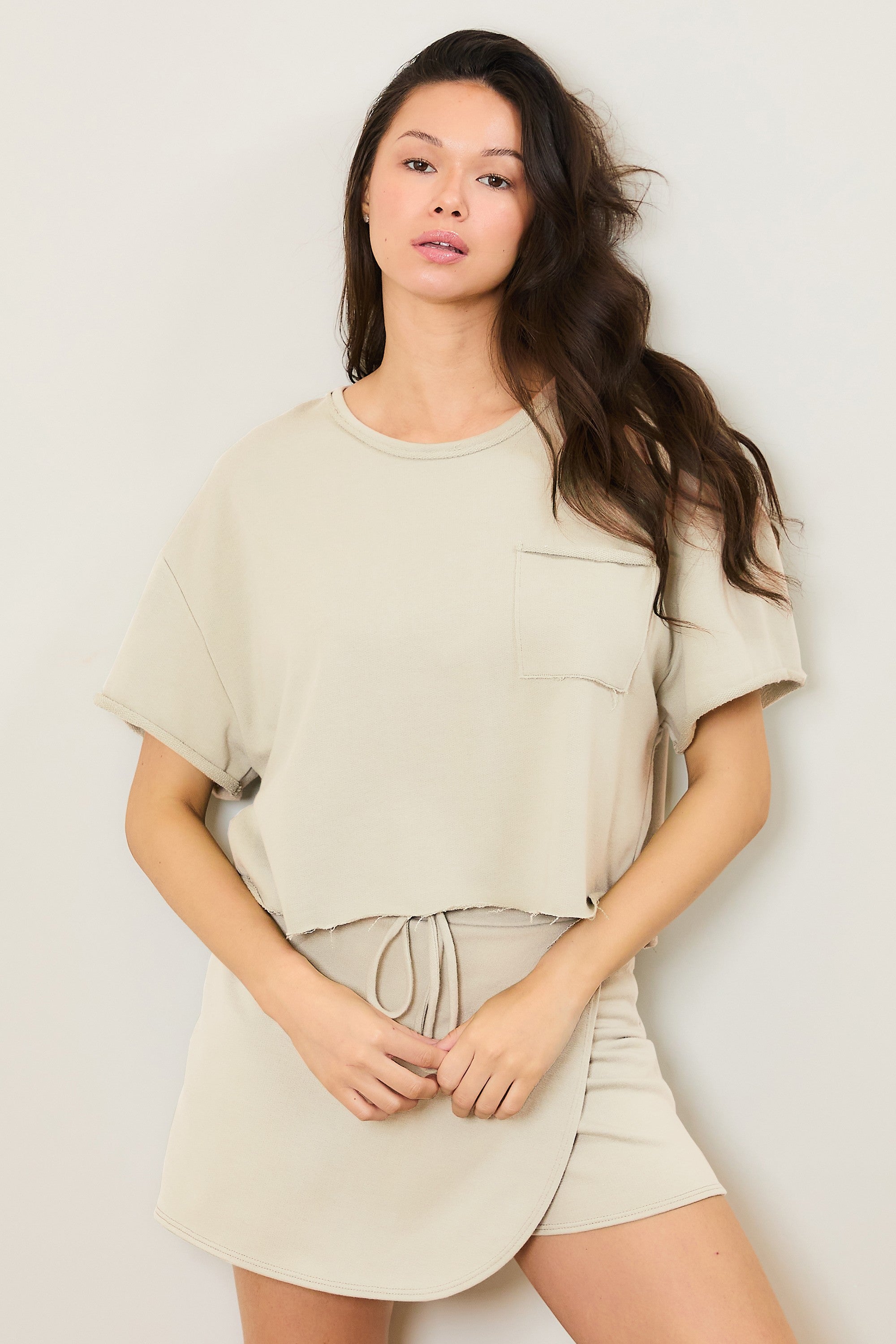 Seashell Raw Hem Boxy Tee With Pocket