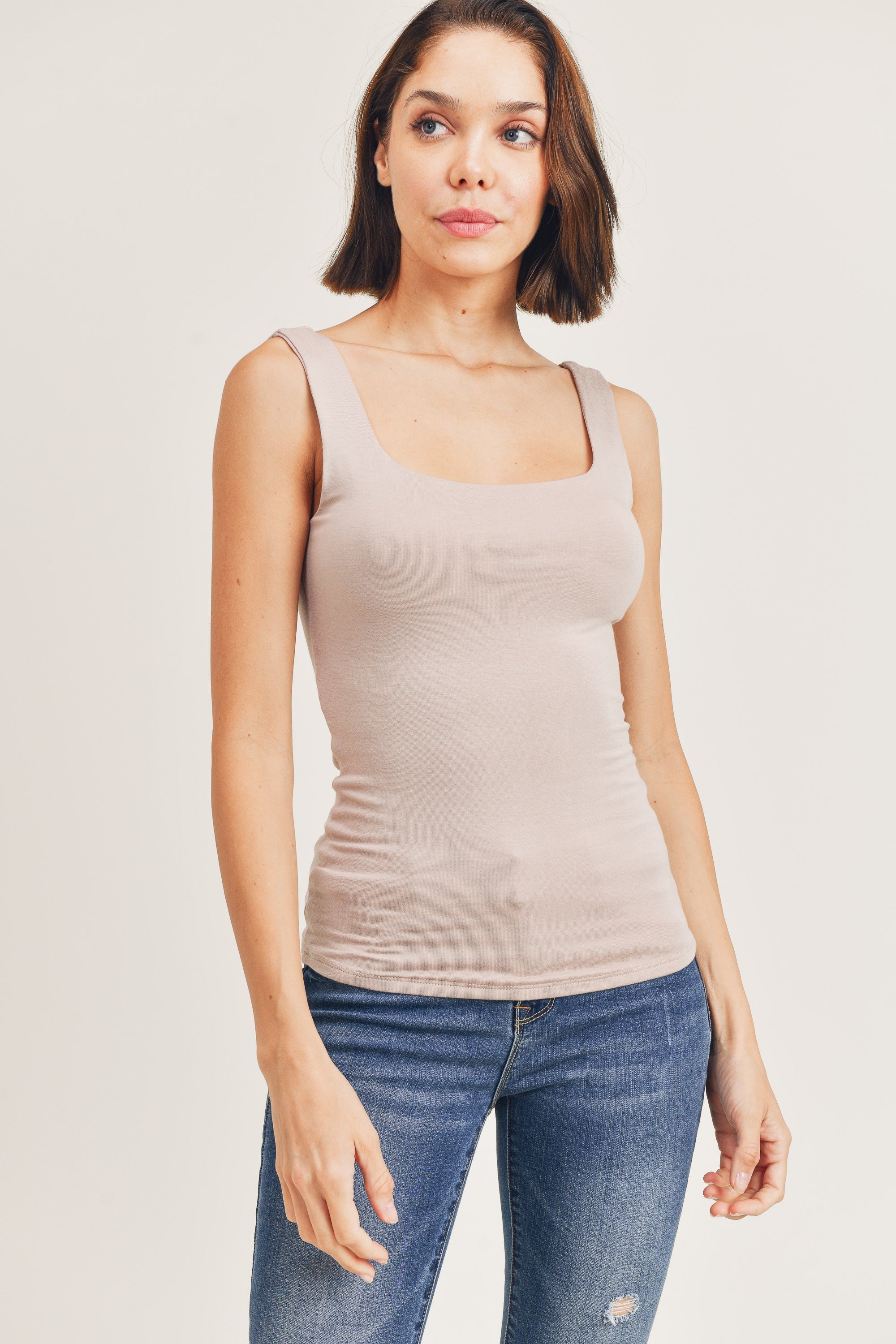 Taupe Double Layered Square Neck Tank Top