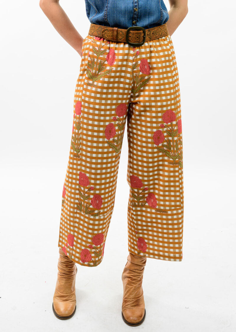 Gold Gingham Floral Barrel Pants