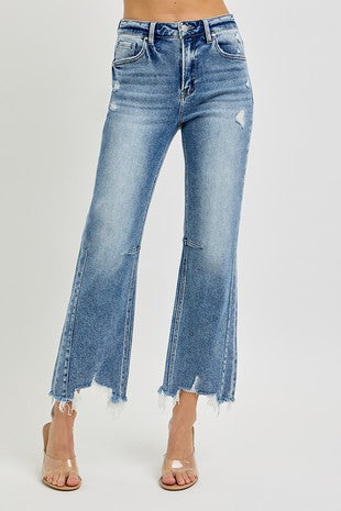 High Rise Crop Straight Distressed Hem Jeans