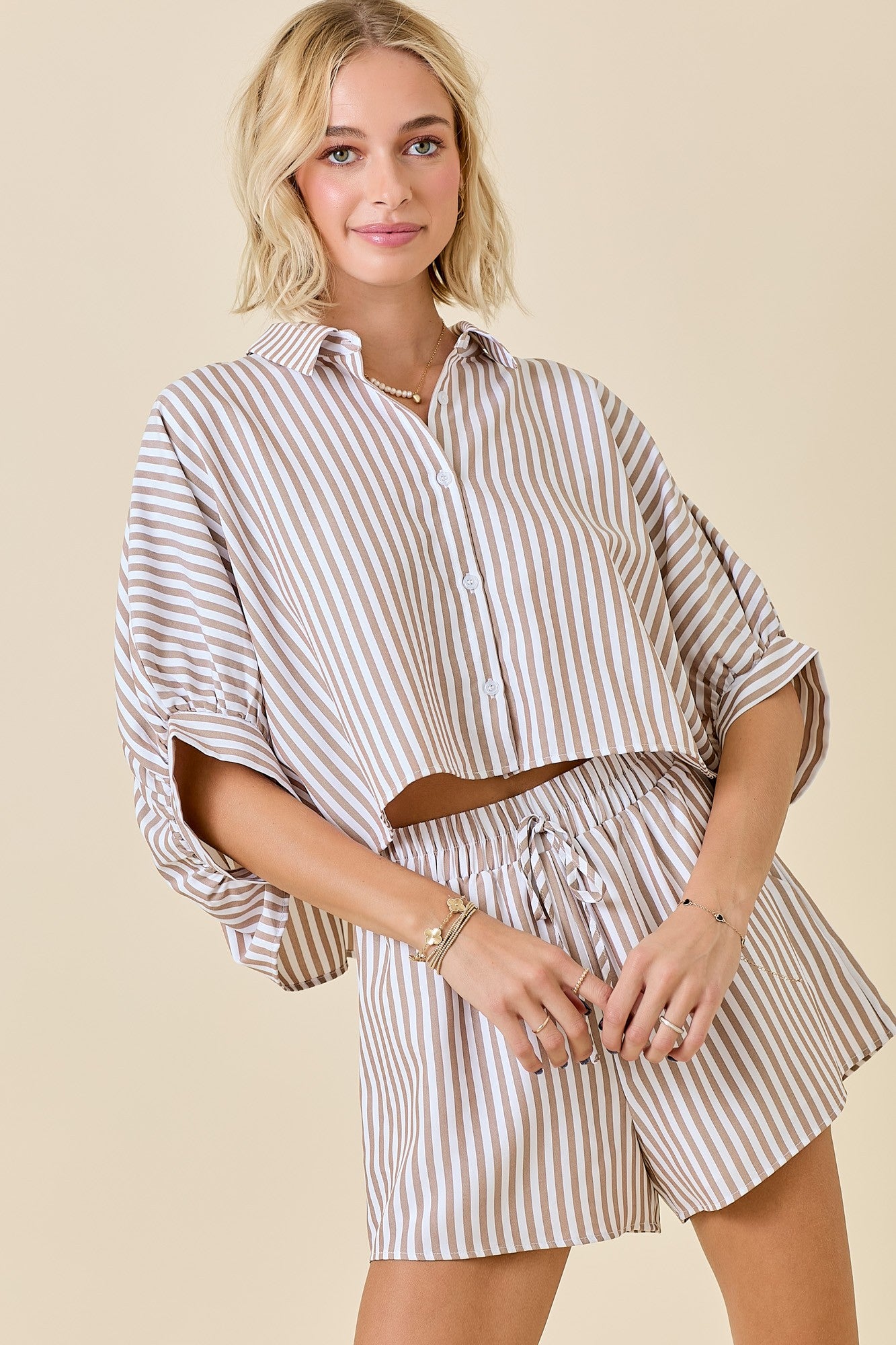 Mocha Striped Cropped Oversized Shirt W/ Matching Shorts