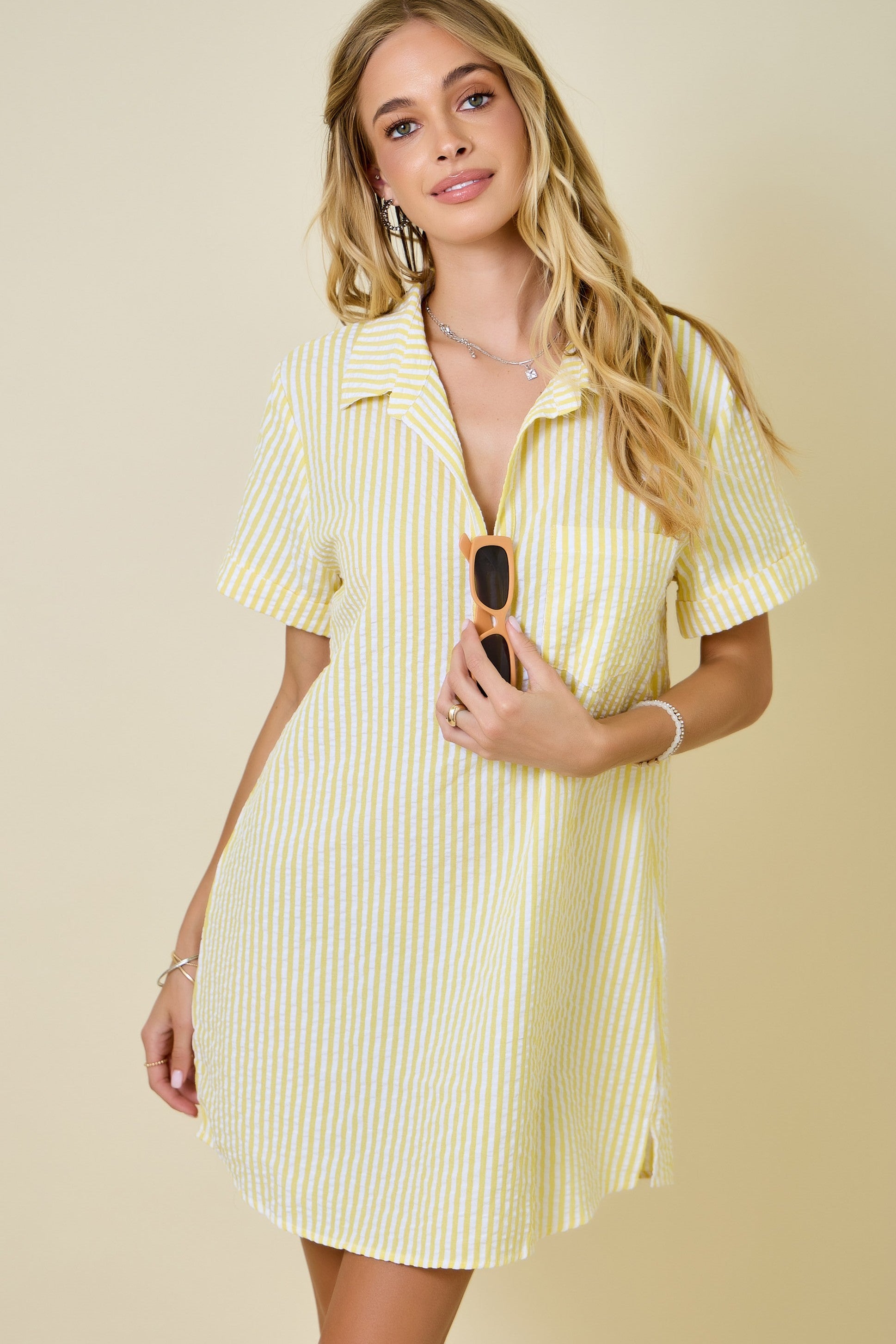 Yellow Striped Seersucker Easy Shirt Dress W/ Pockets