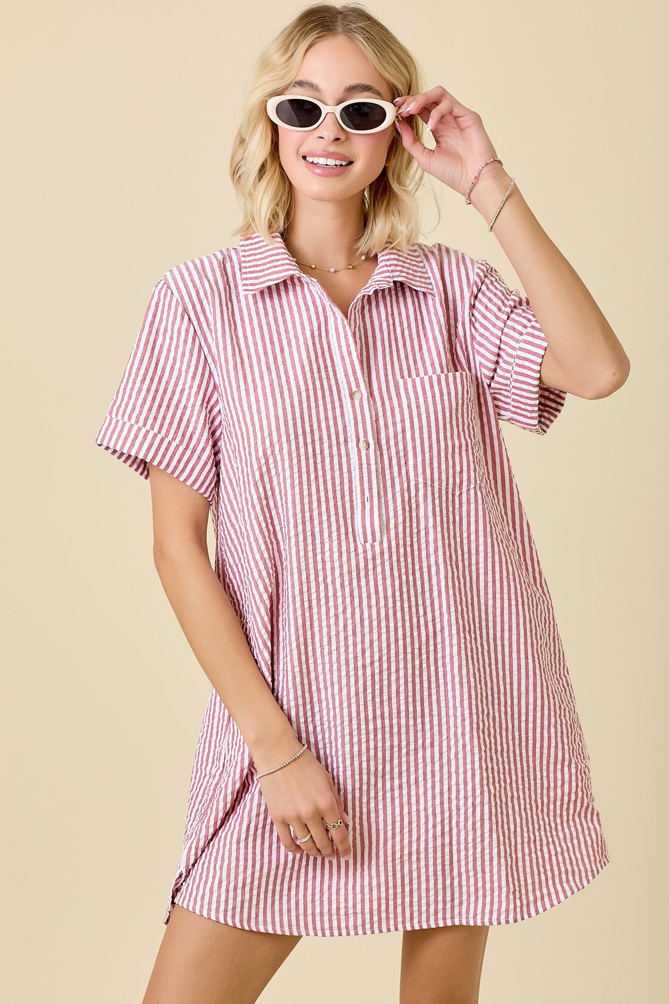 Red Striped Seersucker Easy Shirt Dress W/ Pockets