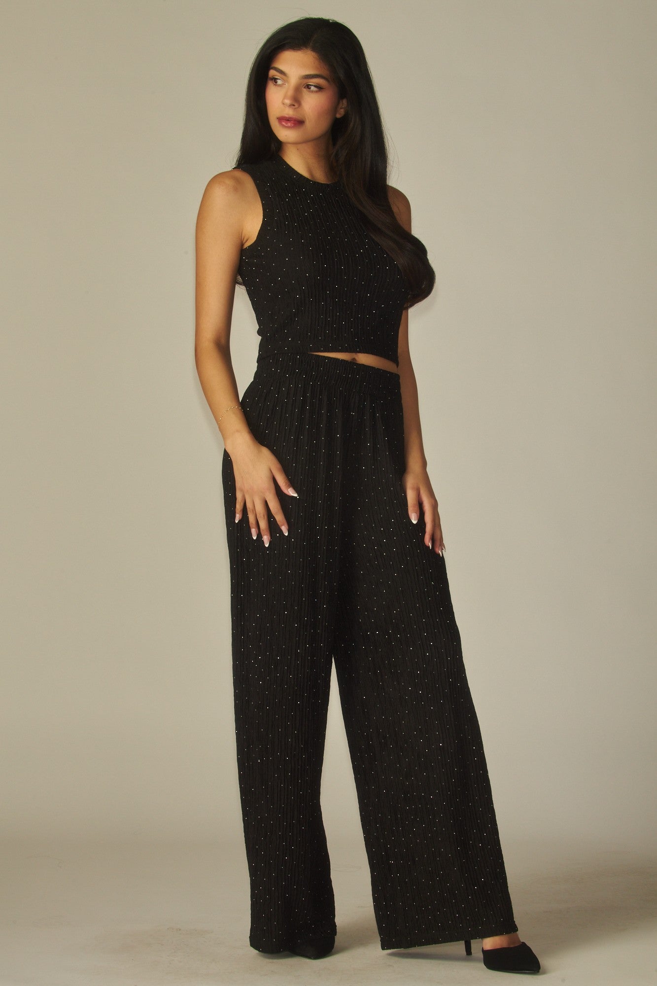 Black Crinkled Rhinestone Crop Top Loungewear Pant Set