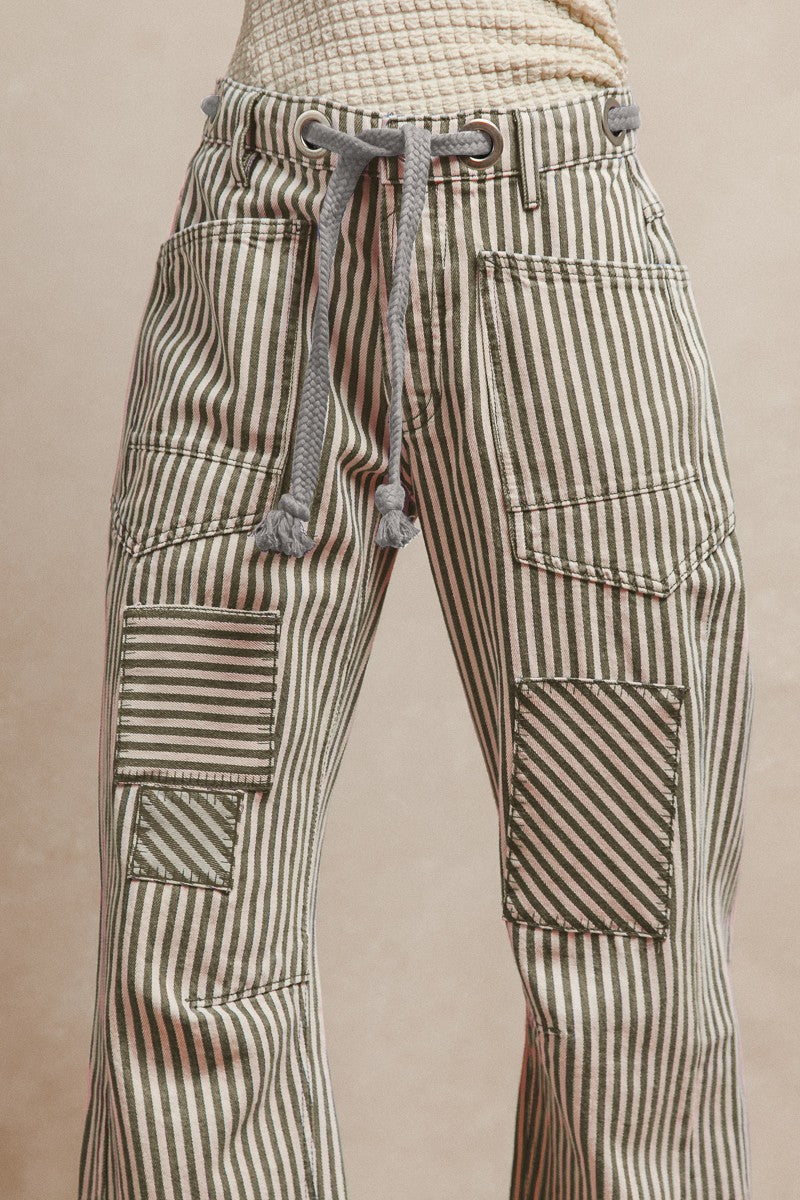 Grey Striped Twill Barrel Pants