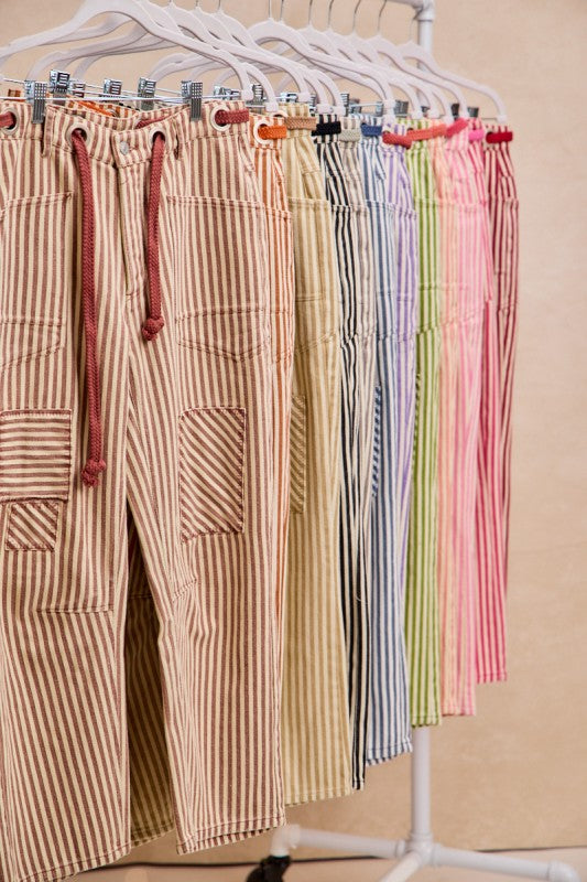 Mocha Brown Striped Twill Barrel Pants