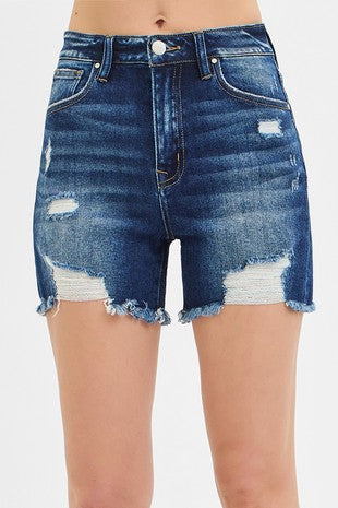 High Rise Distressed Mid Thigh Shorts