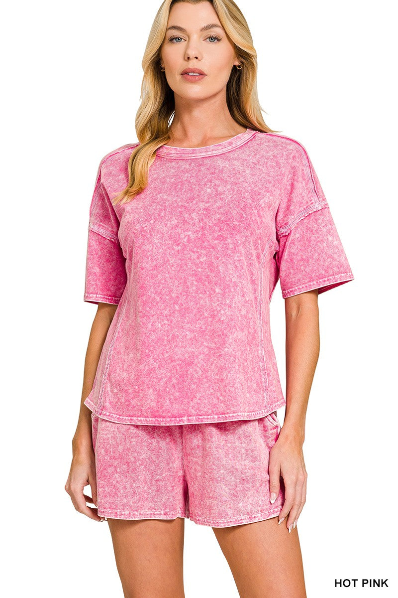 Hot Pink Halo Snow Washed Short Sleeve Tee & Shorts Set