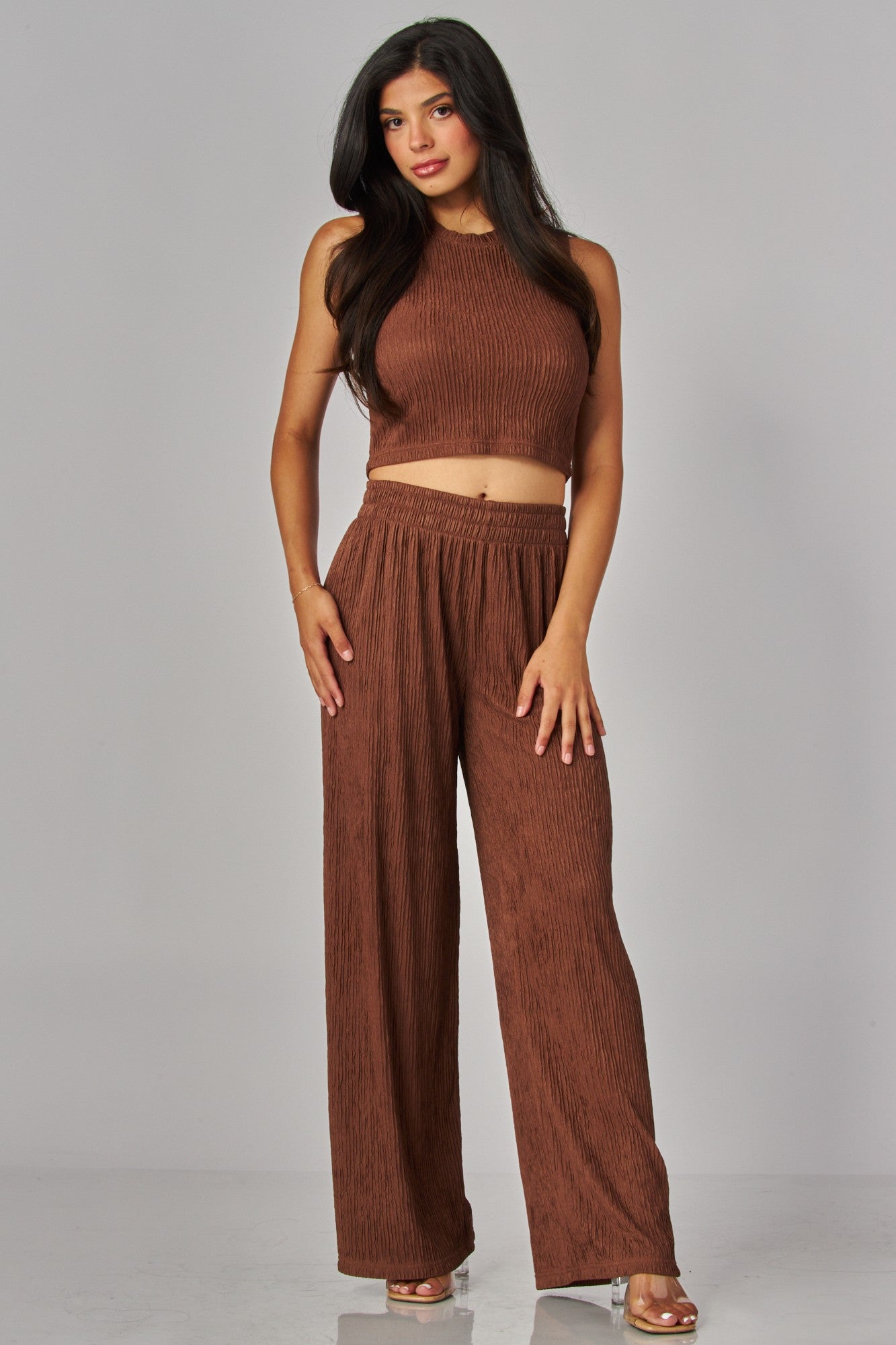 Chestnut Brown Plus Crinkle Textured Cropped Top Loungewear Set