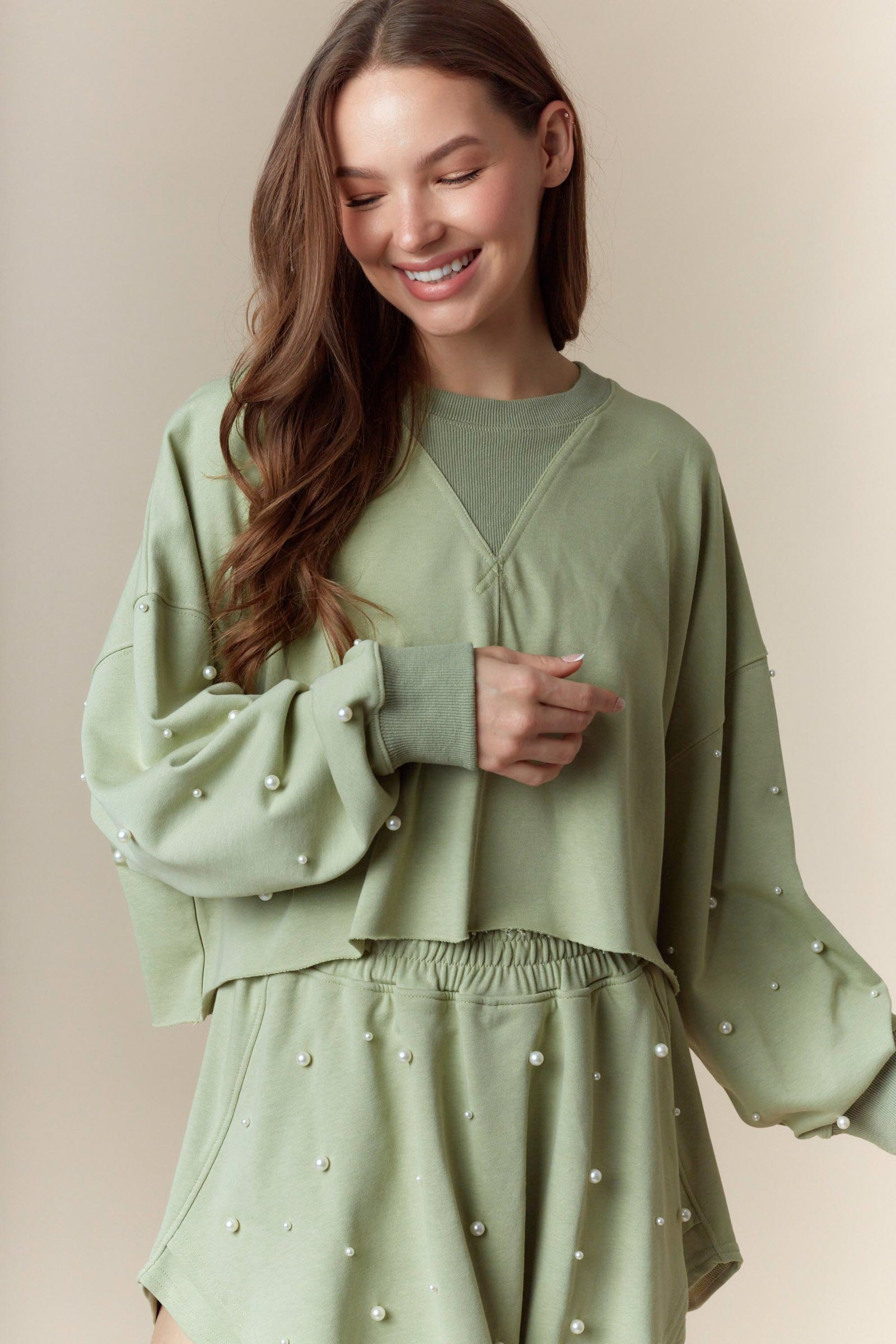 Olive Pearl Embellished Cropped Top