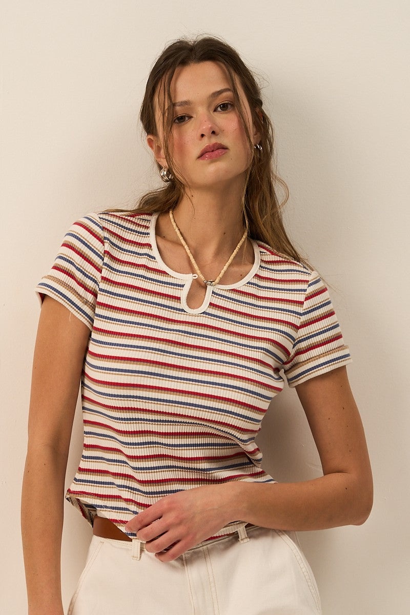 Vibrant Red, White and Blue Striped Knit Top