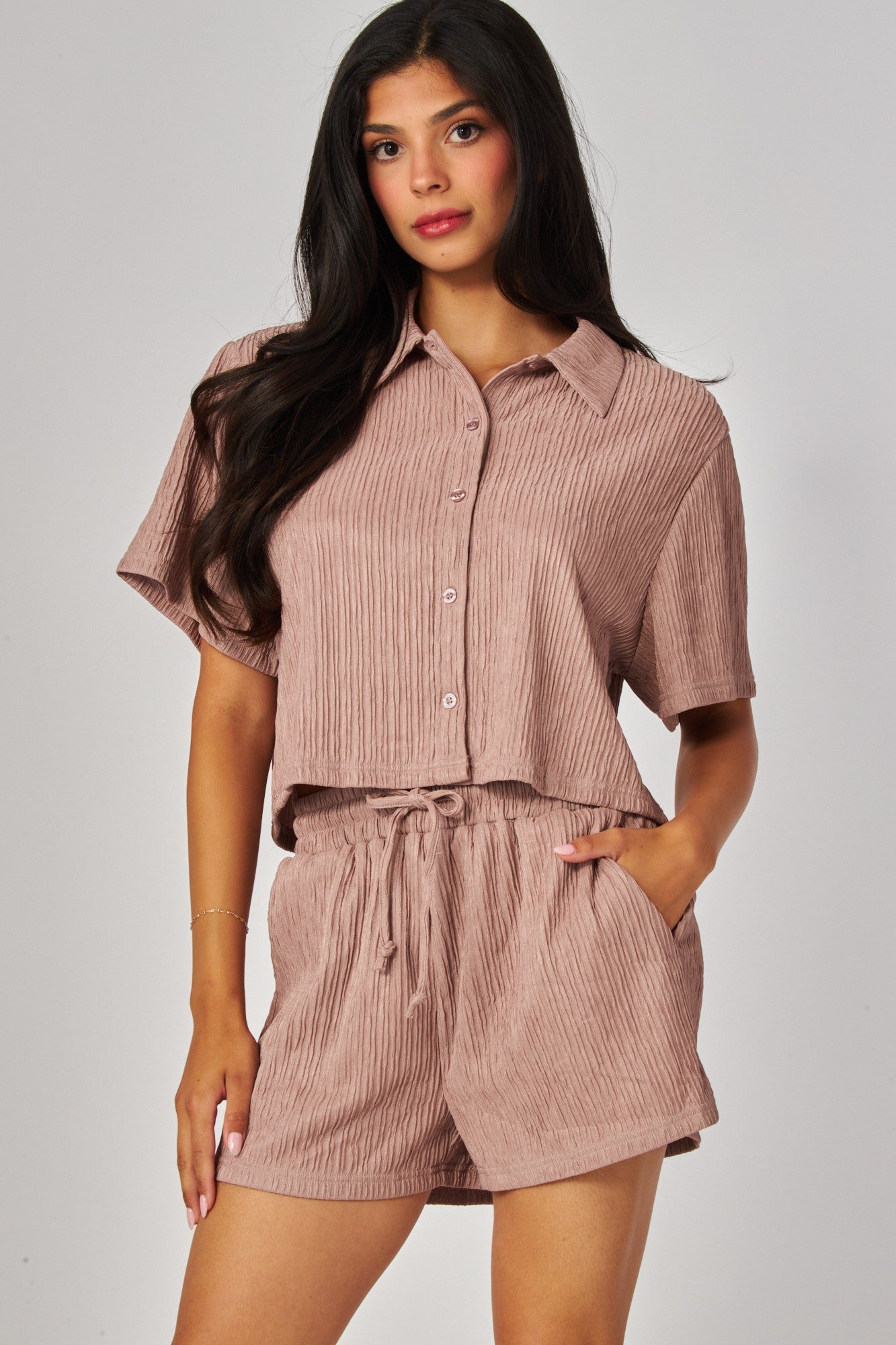 Mocha Mousse Crinkled Plisse Button Down Loungewear Shorts Set