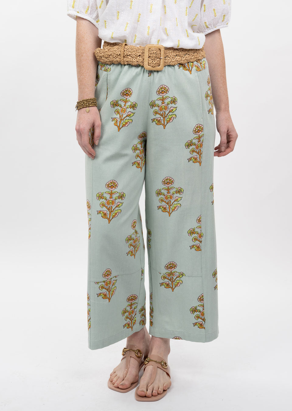 Aqua Floral Print Barrel Pant