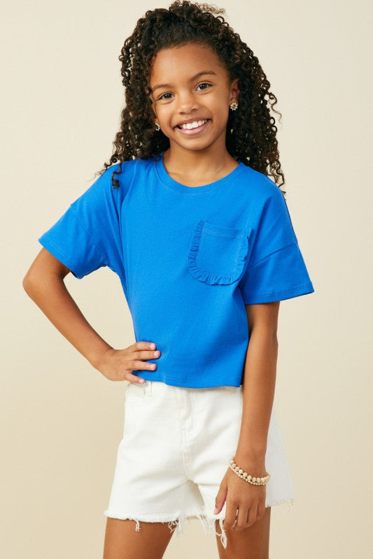 Blue Girls Ruffle Pocket Knit T Shirt