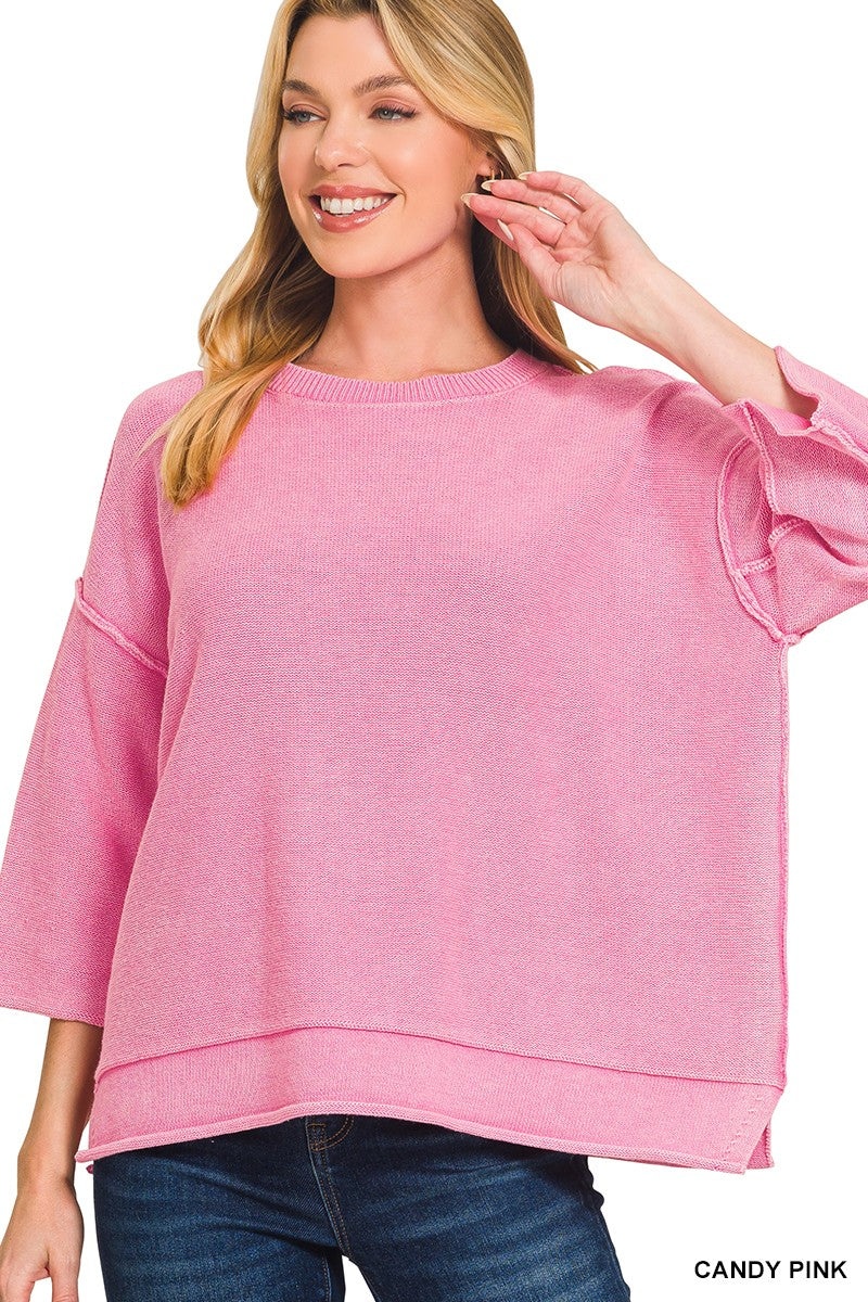 Candy Pink Washed 3/4 Sleeve Boxy Sweater