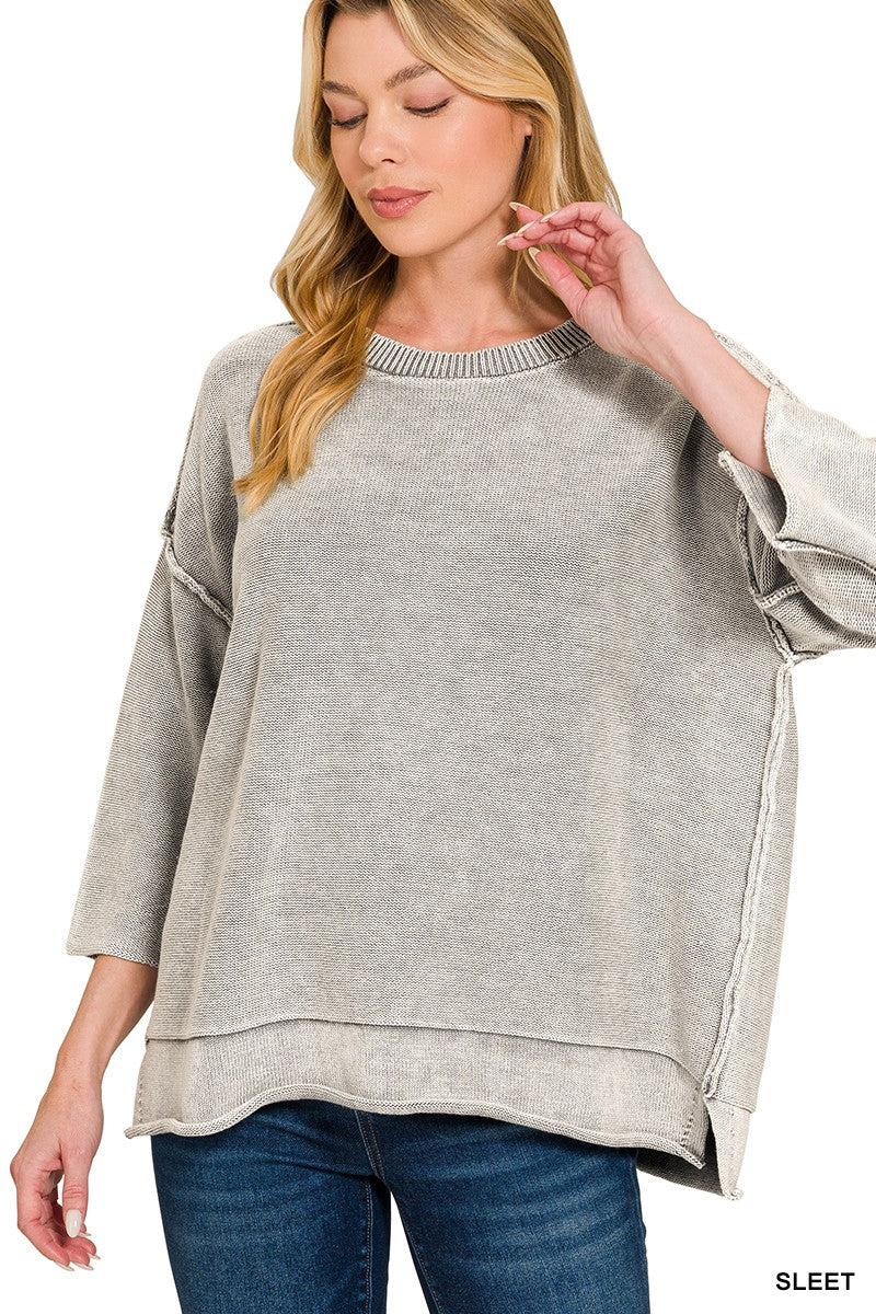 Sleet Washed 3/4 Sleeve Boxy Sweater