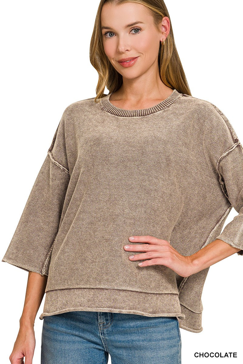 Chocolate Washed 3/4 Sleeve Boxy Sweater