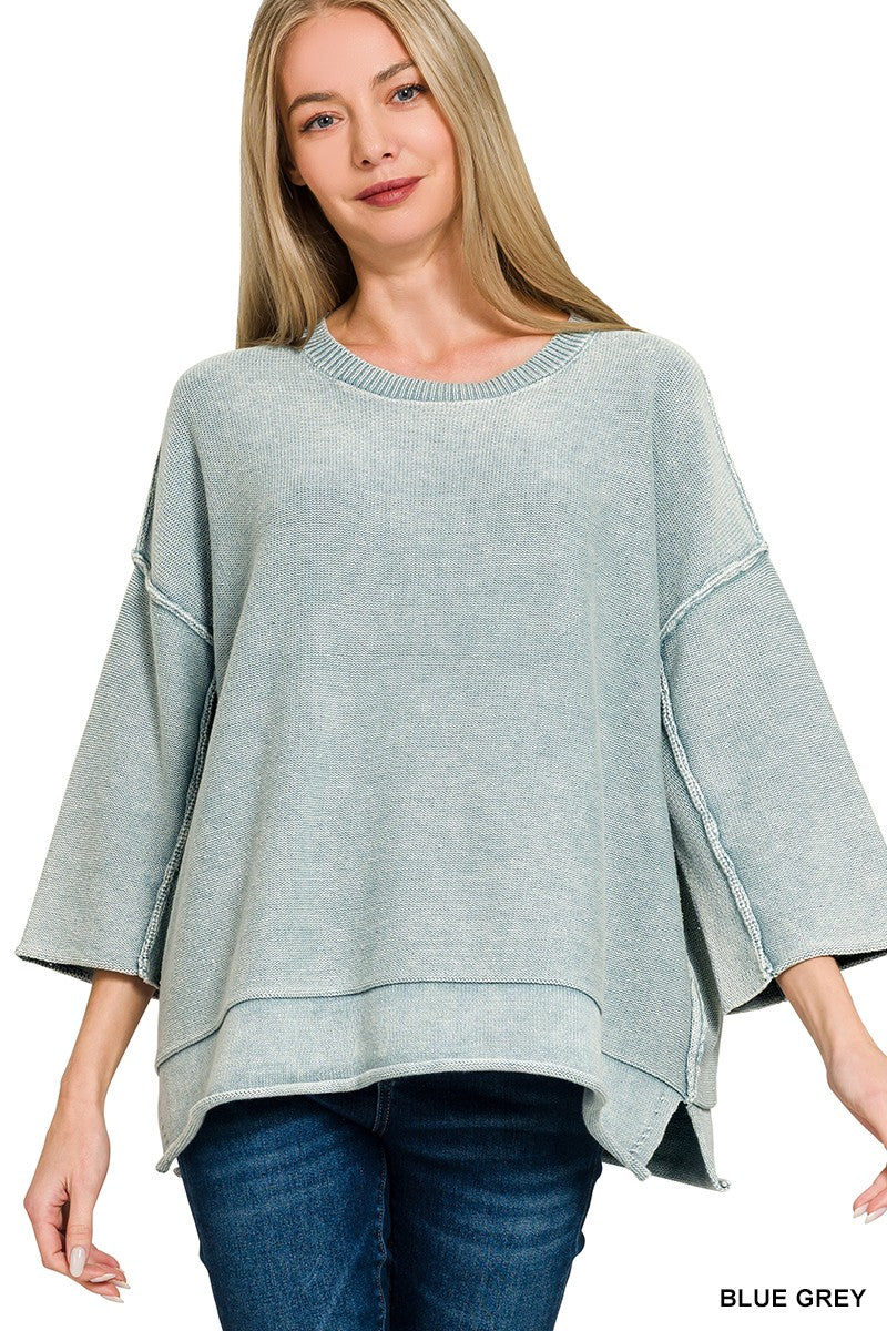 Blue Grey Washed 3/4 Sleeve Boxy Sweater