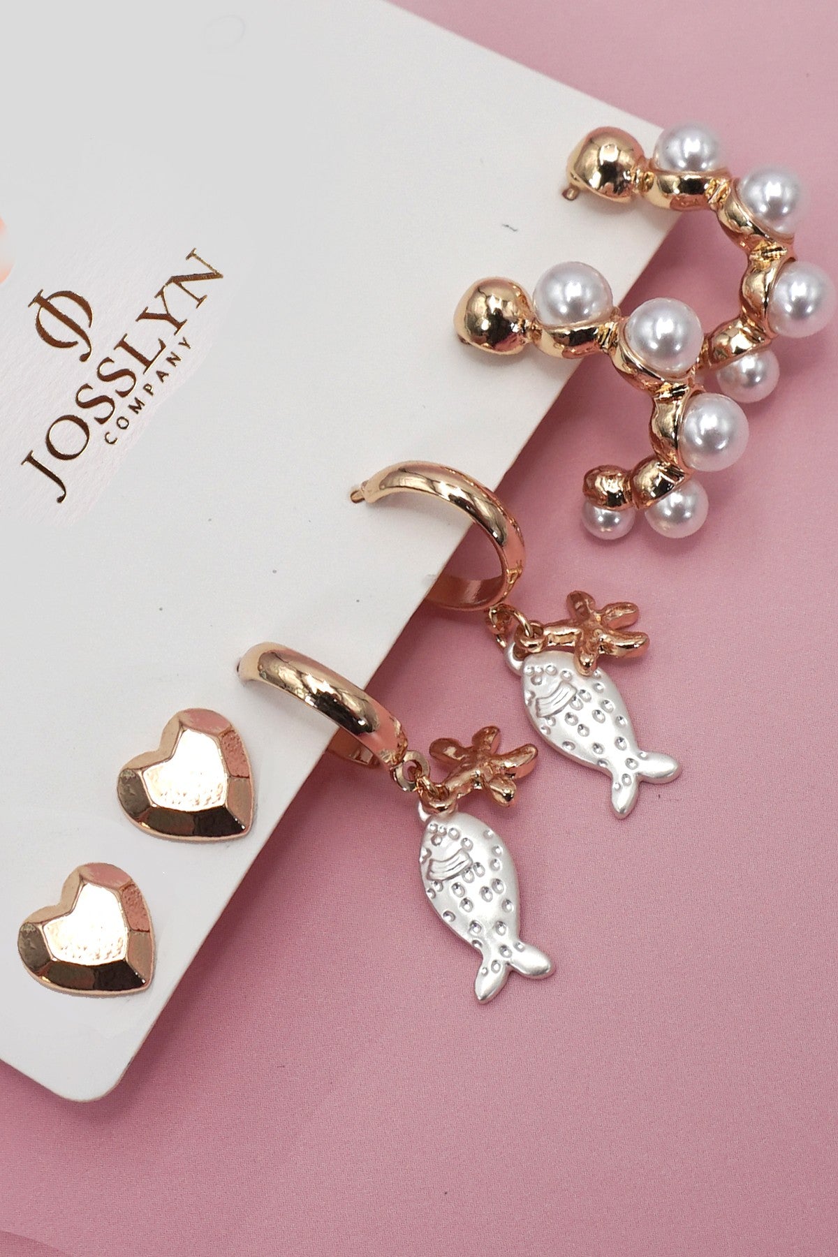 Heart Fish Pearl Trio Huggie Hoop Earrings