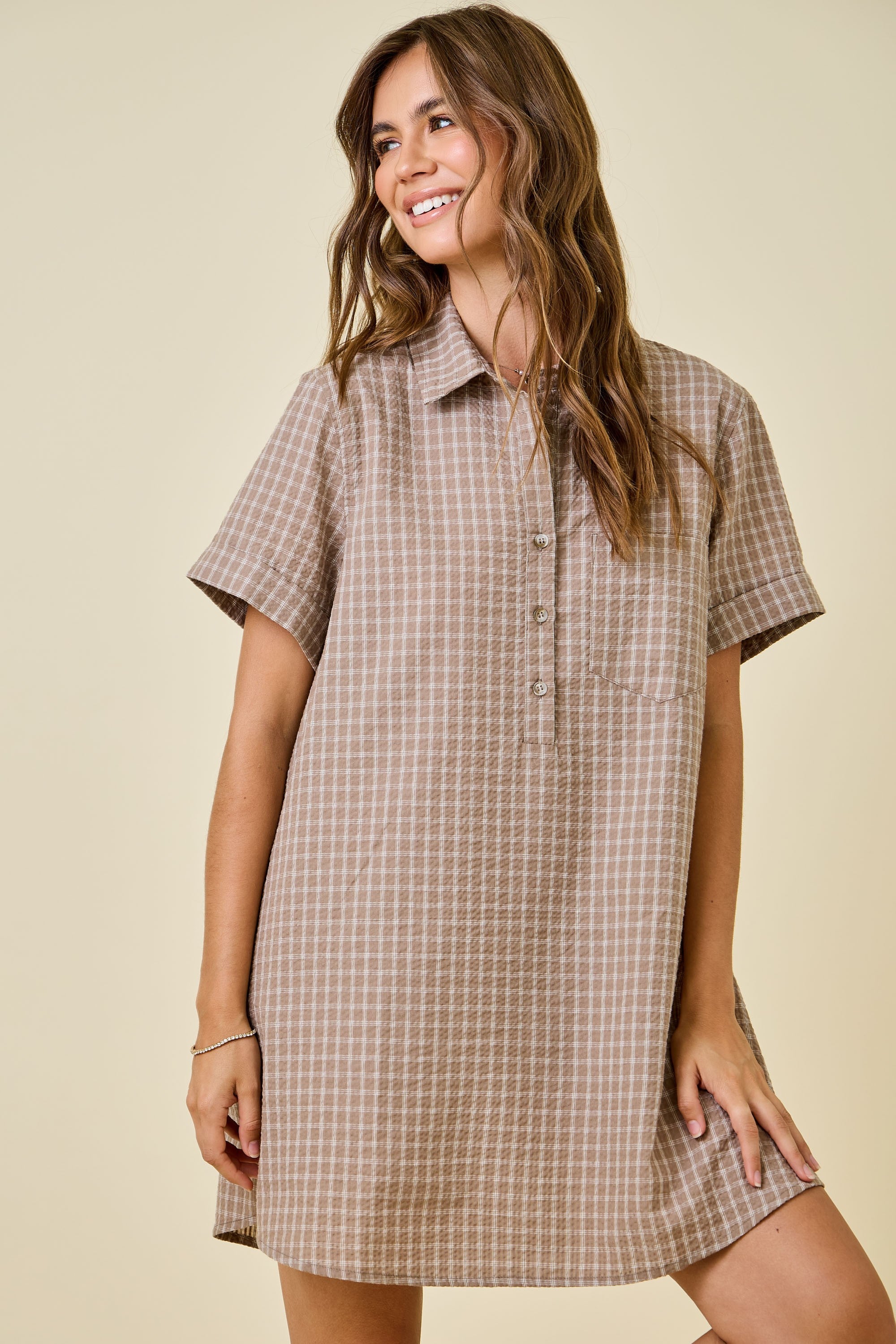 Checkered Seeksucker Easy Shirt Dress With Pocket