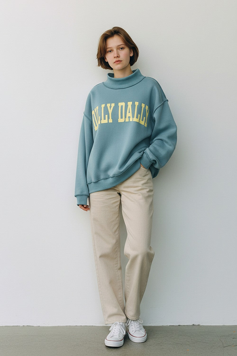 Mint Blue/Yellow 'dilly Dally' Print Reversible Mockneck Sweatshirt