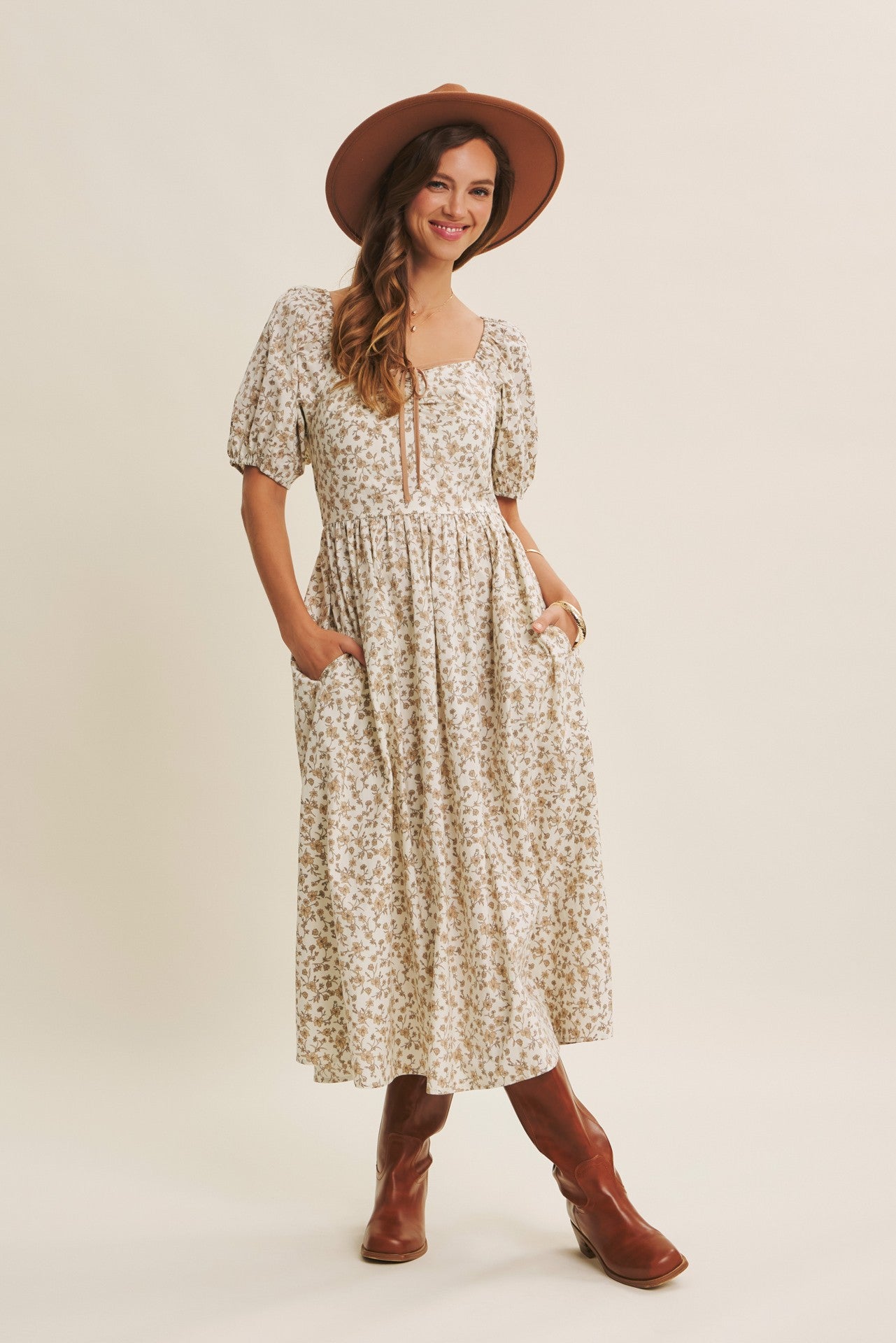 Floral Puff Sleeve Midi Dress With Smocked Back