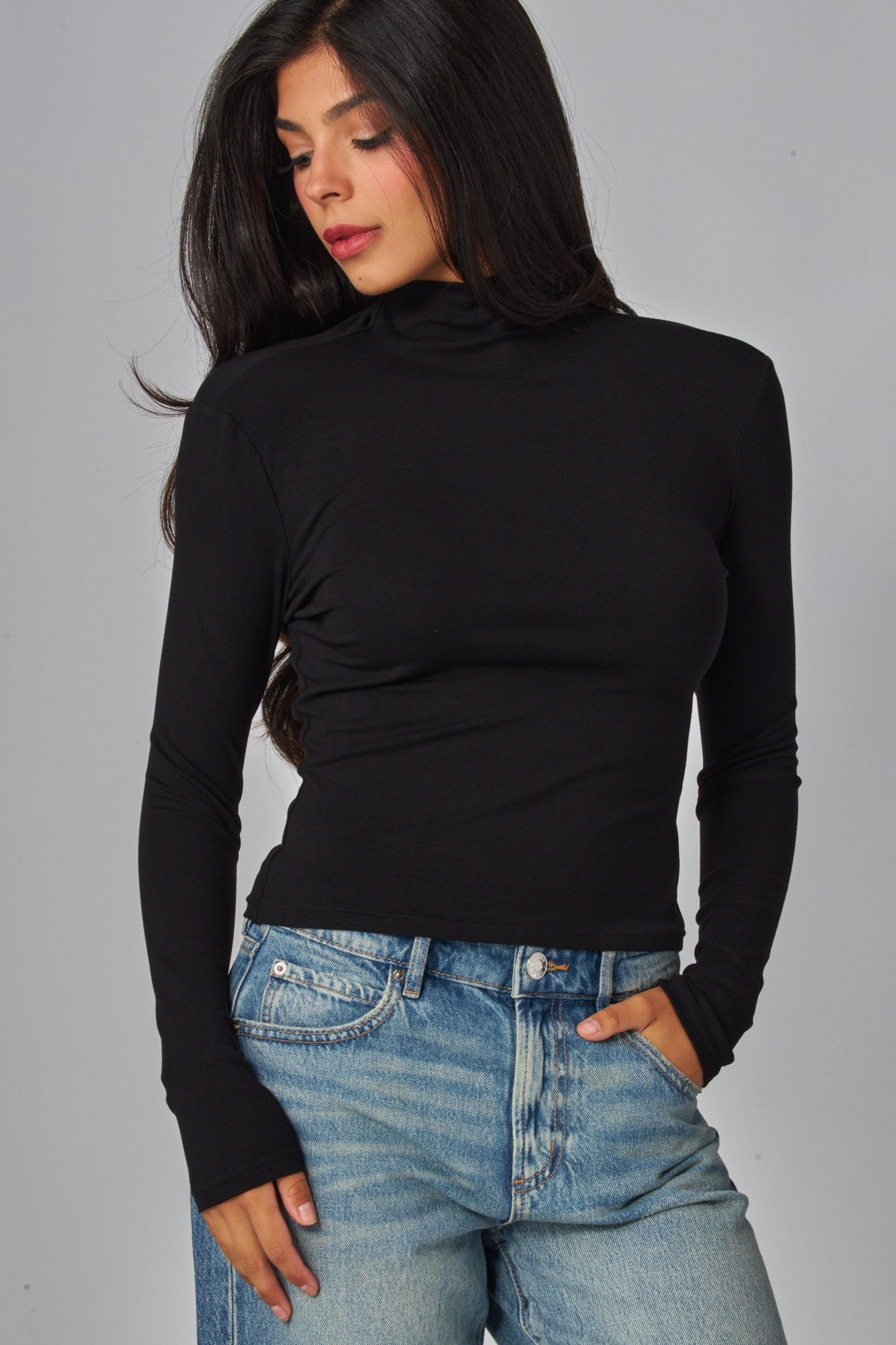 Black Fine Ribbed Turtleneck Long Sleeve Top