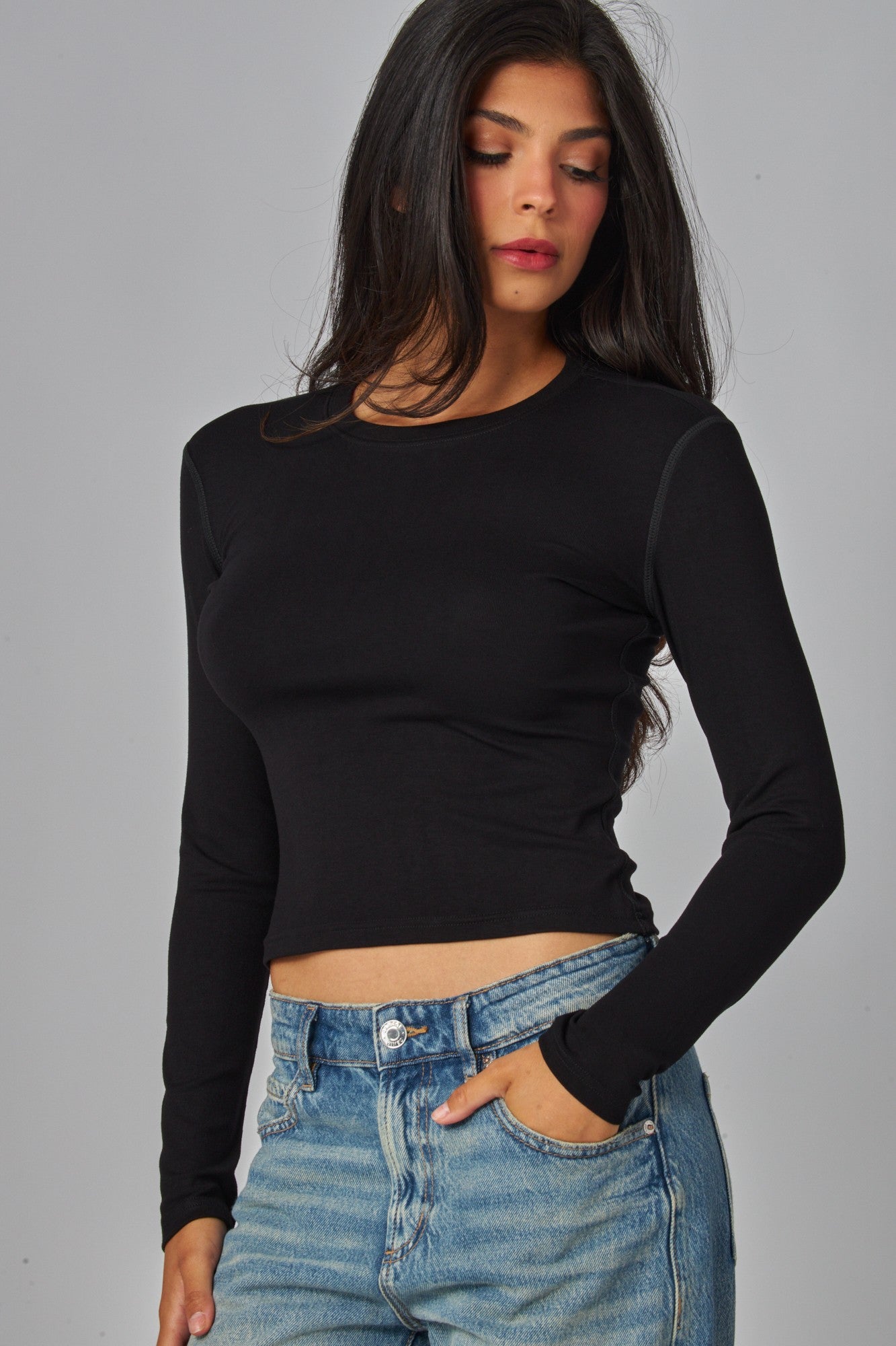 Black Fine Ribbed Crewneck Long Sleeve Top