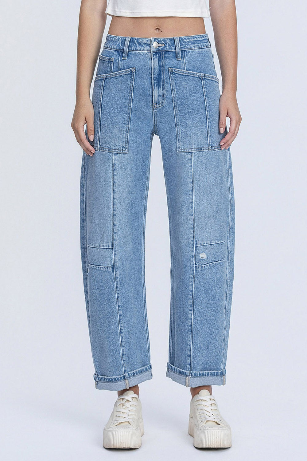 Super High Rise Patch Pocket Cuffed Barrel Jeans