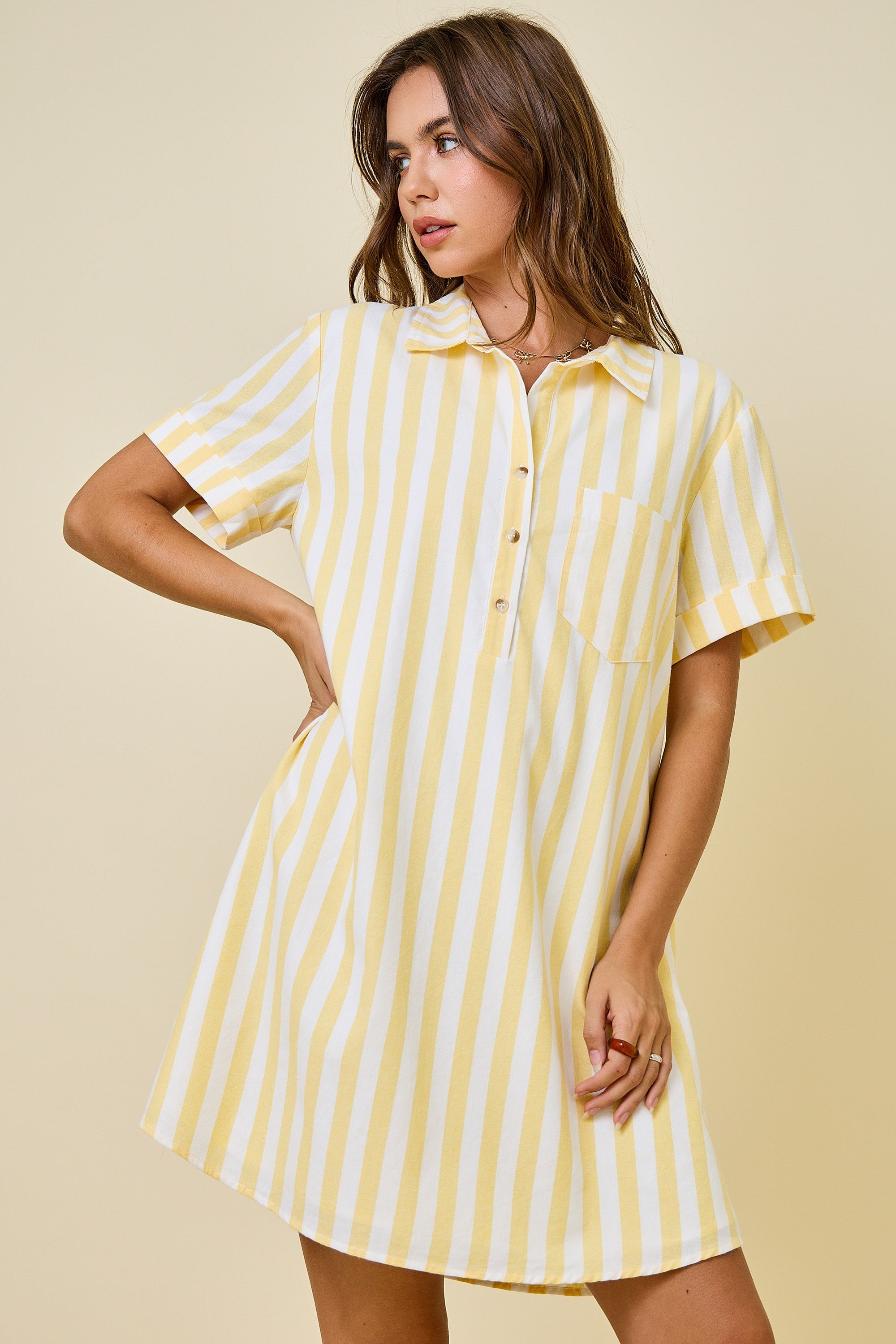 Lemon Striped Easy Shirt Dress W/ Pocket Detail & Lining