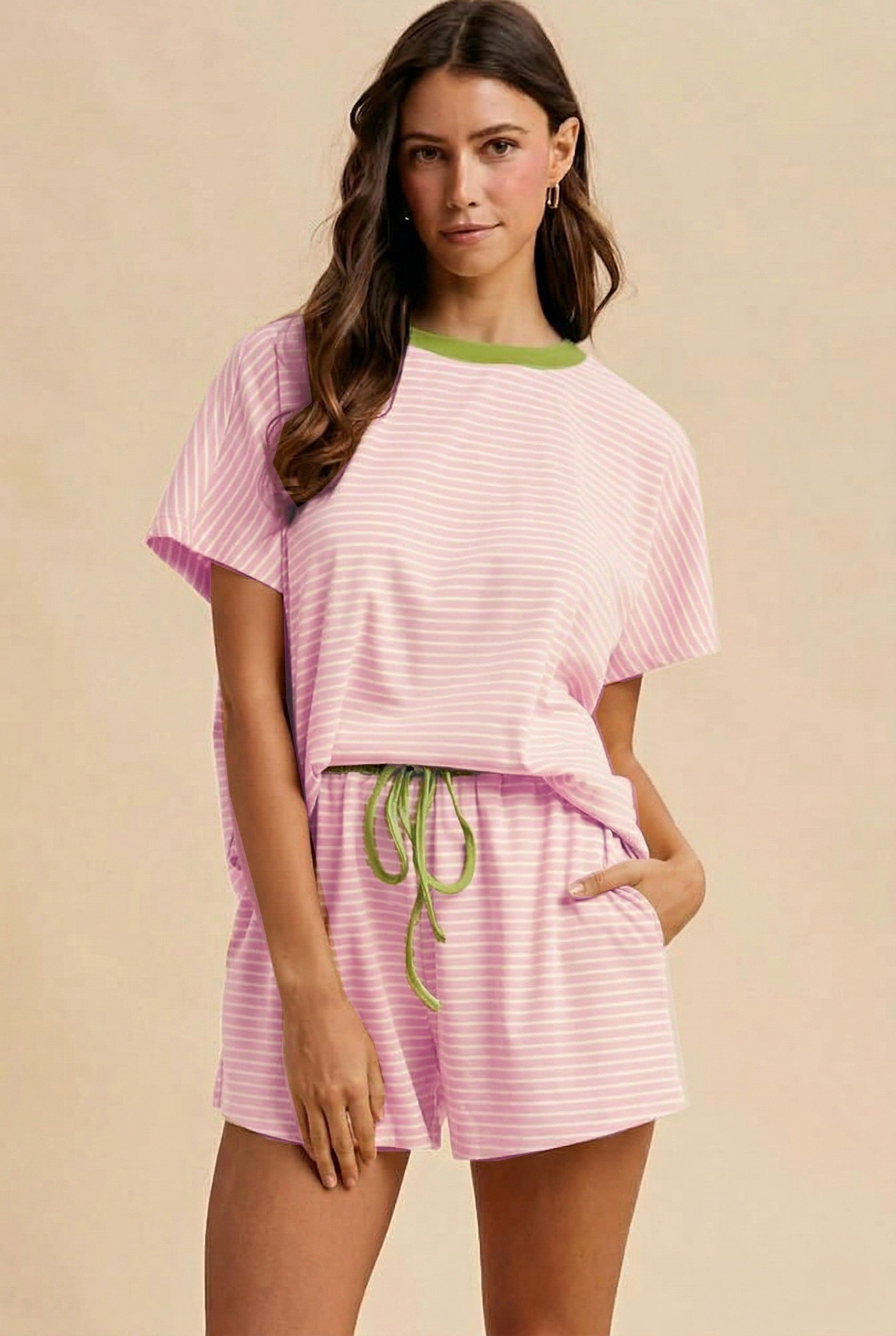 Candy Pink/Matcha Loose Fit Striped Knit Top & Mini Shorts Set