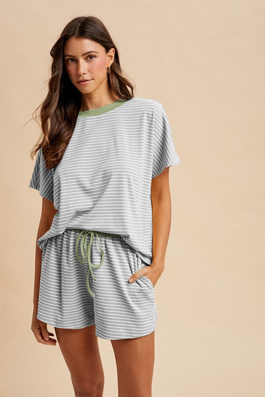 Grey/Soft Olive Loose Fit Striped Knit Top & Mini Shorts Set